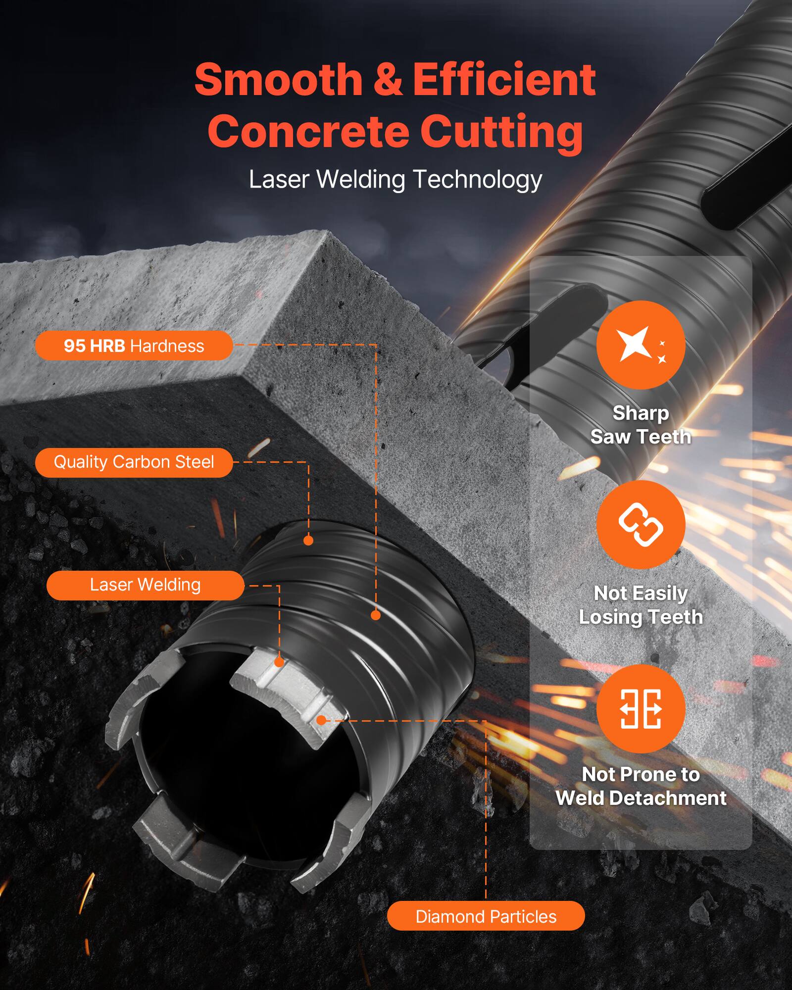 Smooth & Efficient Concrete Cutting Laser Welding Technology

- 95 HRB Hardness
- Quality Carbon Steel
- Laser Welding
- Sharp Saw Teeth
- Not Easily Losing Teeth
- Not Prone to Weld Detachment
- Diamond Particles