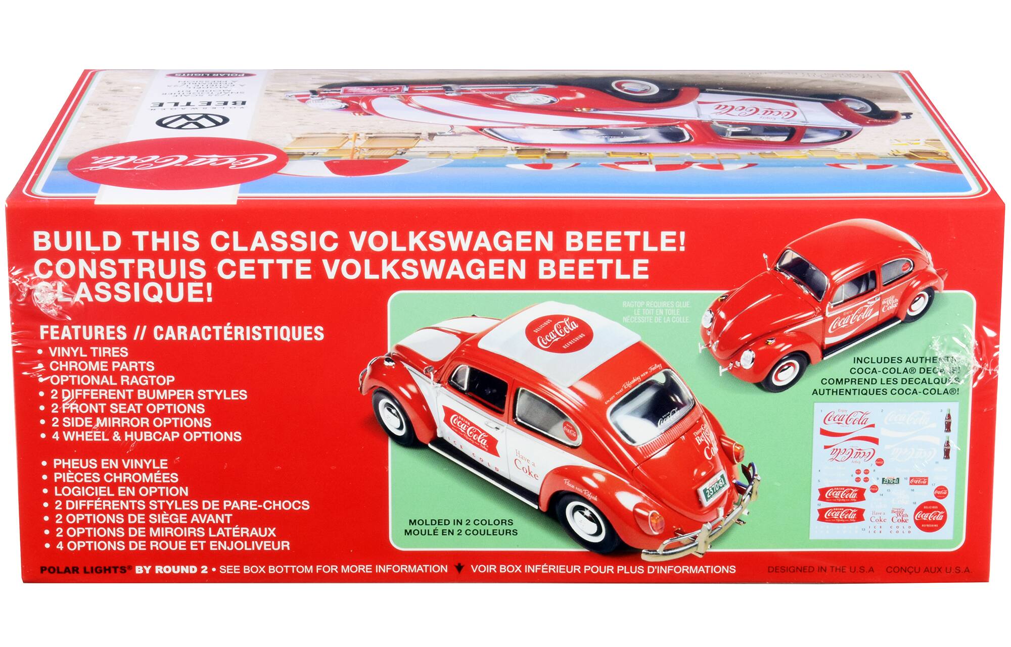 Sure, here is the corrected and grouped text from the image:

---

**BUILD THIS CLASSIC VOLKSWAGEN BEETLE!**  
**CONSTRUIS CETTE VOLKSWAGEN BEETLE CLASSIQUE!**

**FEATURES // CARACTÉRISTIQUES**  
- VINYL TIRES  
- CHROME PARTS  
- OPTIONAL RAGTOP  
- 2 DIFFERENT BUMPER STYLES  
- 2 FRONT SEAT OPTIONS  
- 2 SIDE MIRROR OPTIONS  
- 4 WHEEL & HUBCAP OPTIONS  

**PHÉLUS EN VINYLE**  
**PIÈCES CHROME**  
**LOGICIEL EN OPTION**  
**2 DIFFÉRENTS STYLES DE PARE-CHOCS**  
**2 OPTIONS DE SIÈGE AVANT**  
**2 OPTIONS DE MIRROIRS LATÉRAUX**  
**4 OPTIONS DE ROUE ET ENJOLIVEUR**  

**INCLUDES AUTHENTIC COCA-COLA® DECALS**  
**COMPREND LES DÉCALQUES AUTHENTIQUES COCA-COLA®!**  

**MOLDED IN 2 COLORS**  
**MOULÉ EN 2 CO