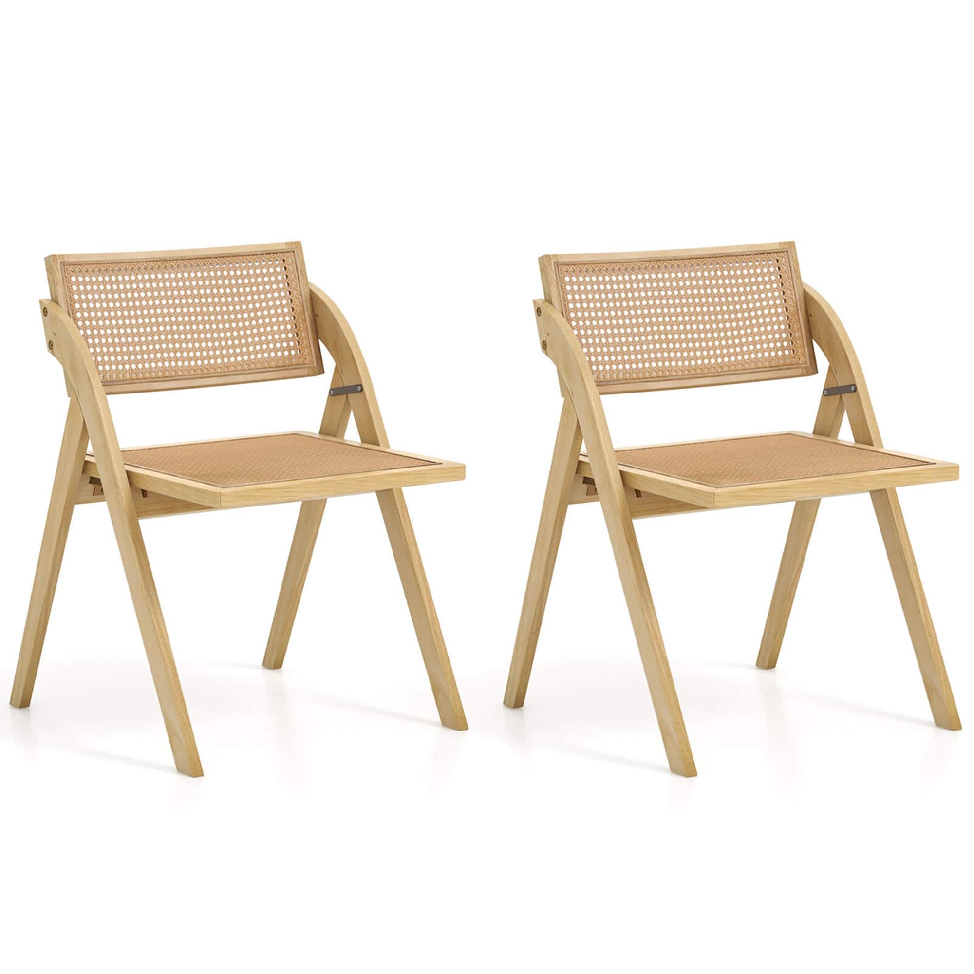 Costway - Foldable Dining Chairs Set of 2 with Woven Rattan Backrest & Seat Rubber Wood Frame - Natural