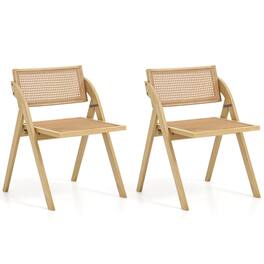Costway - Foldable Dining Chairs Set of 2 with Woven Rattan Backrest & Seat Rubber Wood Frame - Natural