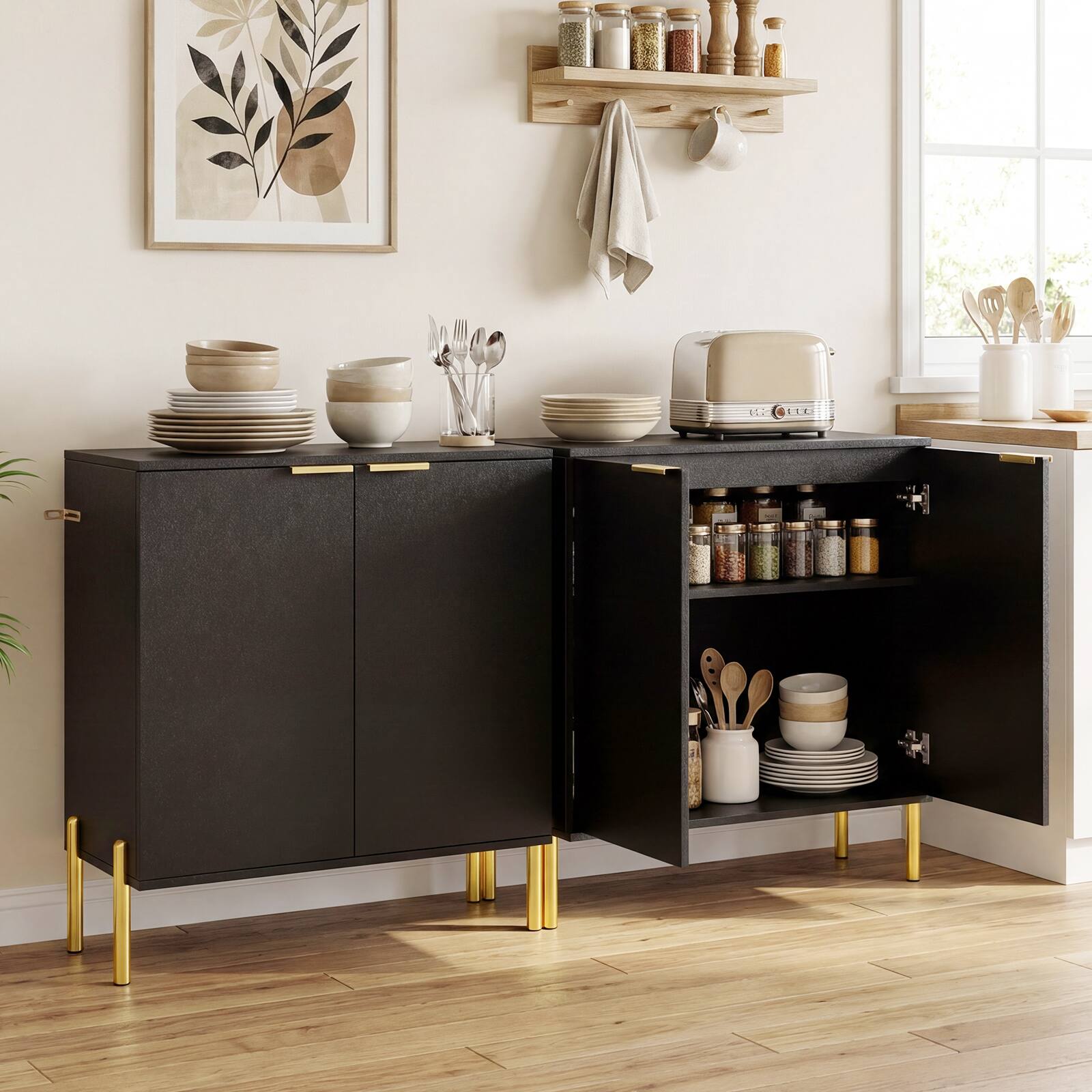 Alt View 1. Gymax - Gymax 2PCS 2-Door Buffet Cabinet Sideboard Cabinet w/ Shelf Metal Legs & Anti-Tipping Kits - Black.