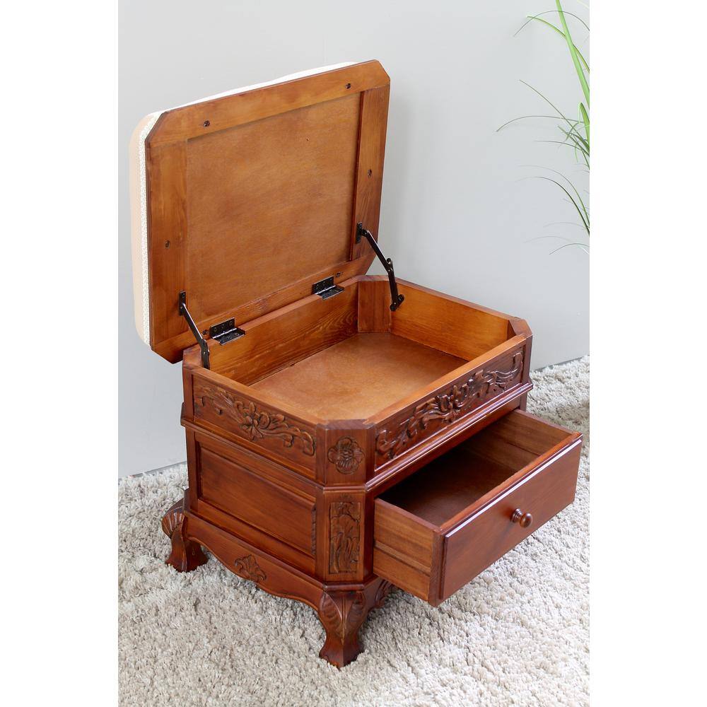 Angle. International Caravan - International Caravan Upholstered Vanity Stool with One Drawer - Brown Stain.