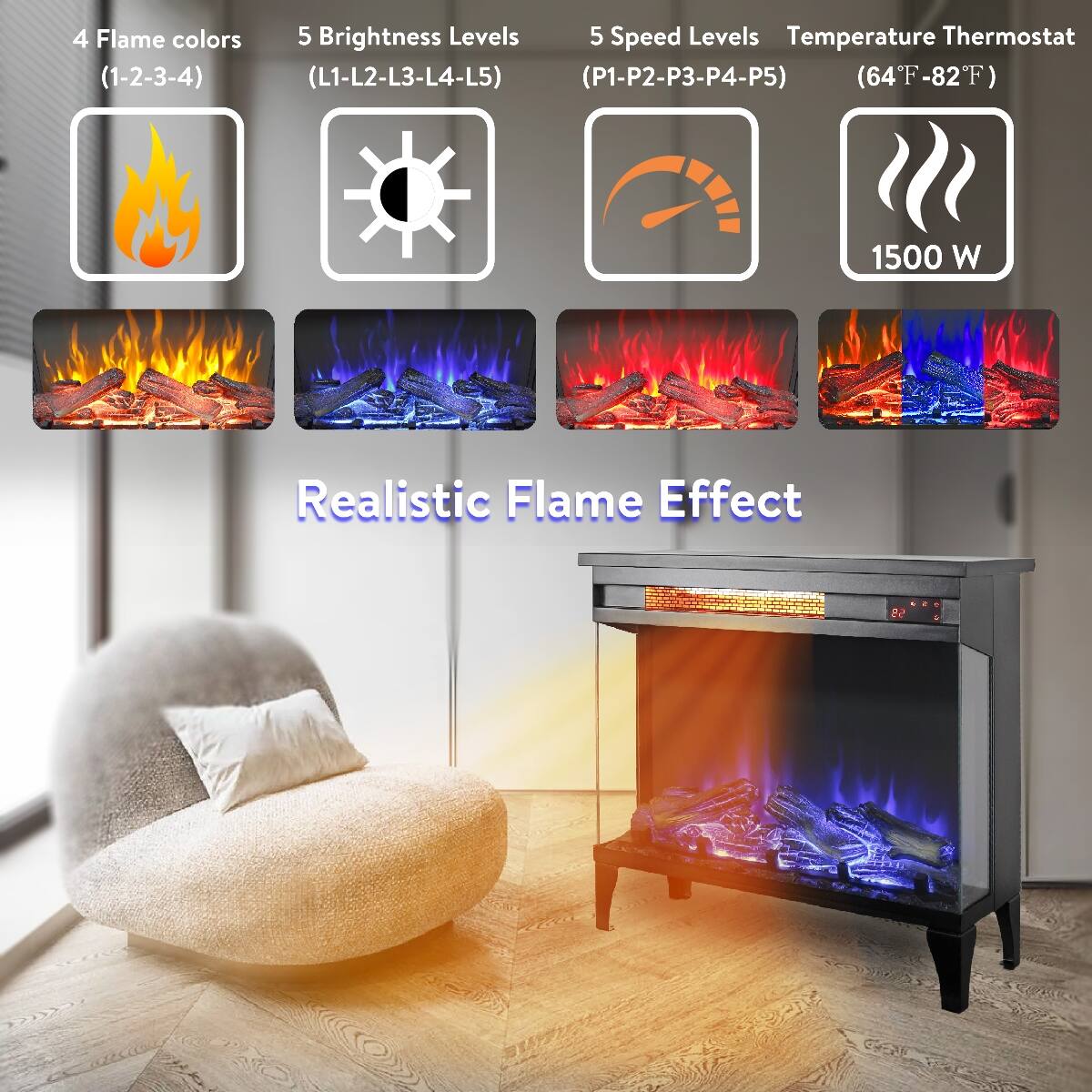 4 Flame colors  
5 Brightness Levels  
5 Speed Levels  
Temperature Thermostat (64°F-82°F)  
1500 W  
Realistic Flame Effect