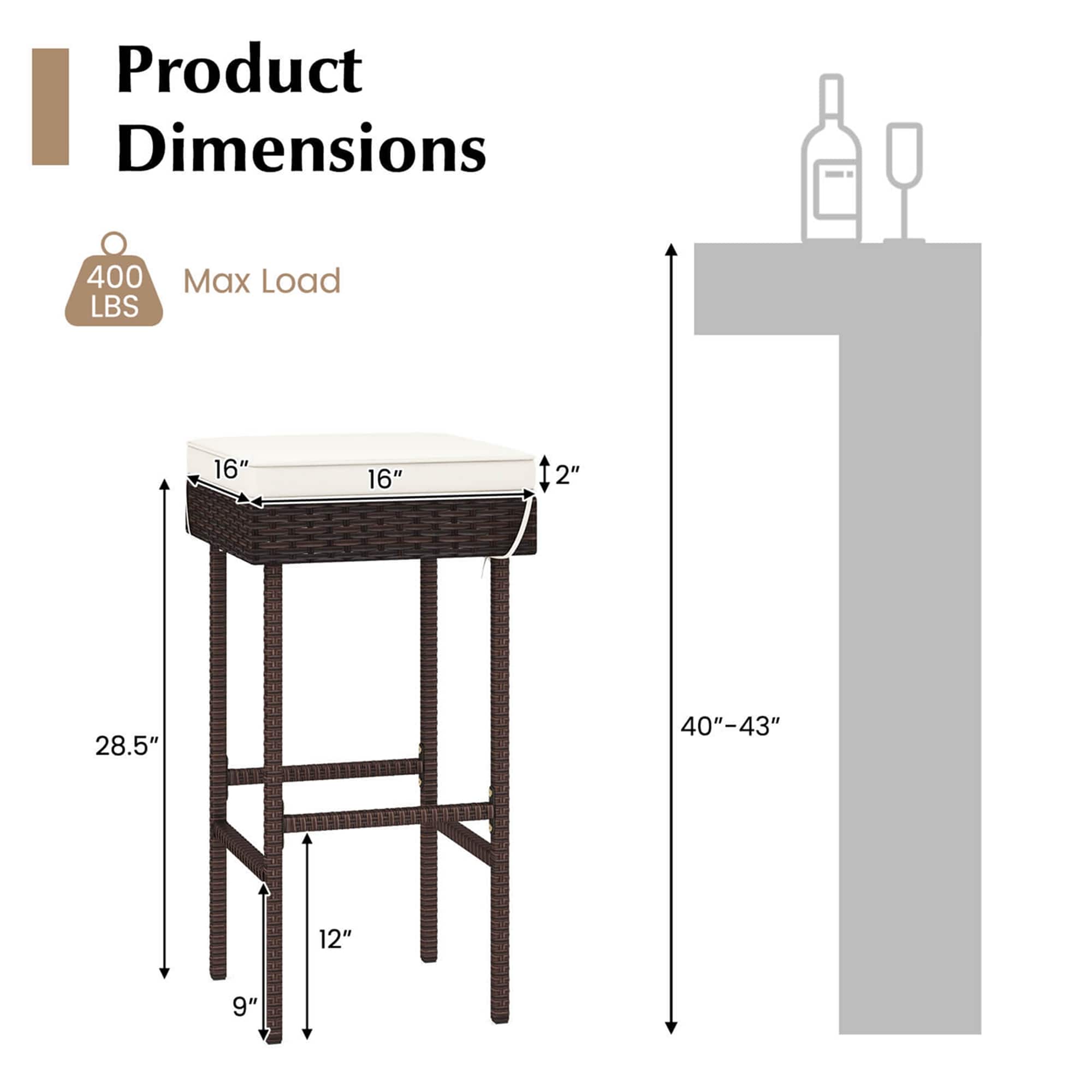 Product Dimensions: 400 LBS Max Load, 16" x 16" x 2", 28.5" x 40"-43" x 12" x 9".