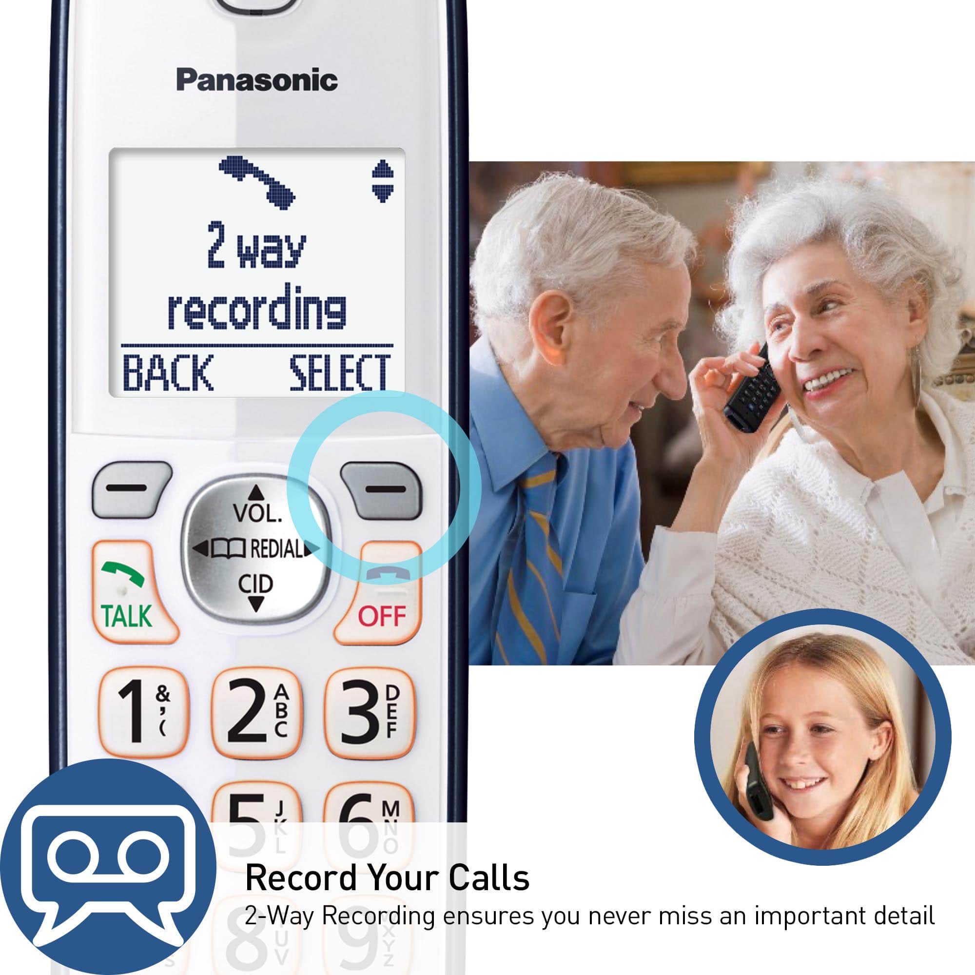 The text on the image is already grouped and correctly spelled. It reads: "Panasonic 2 way recording BACK SELECT TALK VOL. REDIAL CID OFF 1 S 2 AOD 3 DEF M 5 JKL 6 MNO Record Your Calls 2-Way Recording ensures you never miss an important detail."