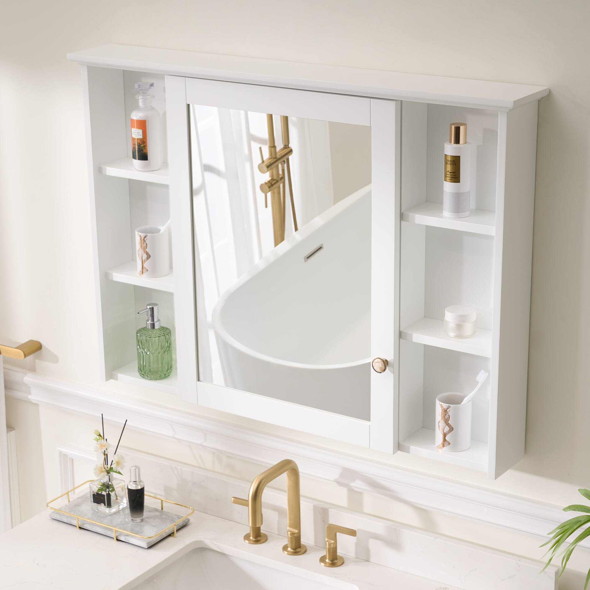Left. WELLFOR - 42 in. W x 30 in. H Rectangular Solid Wood Frame Surface Mount Medicine Cabinet with Mirror and Soft Close Door - White.