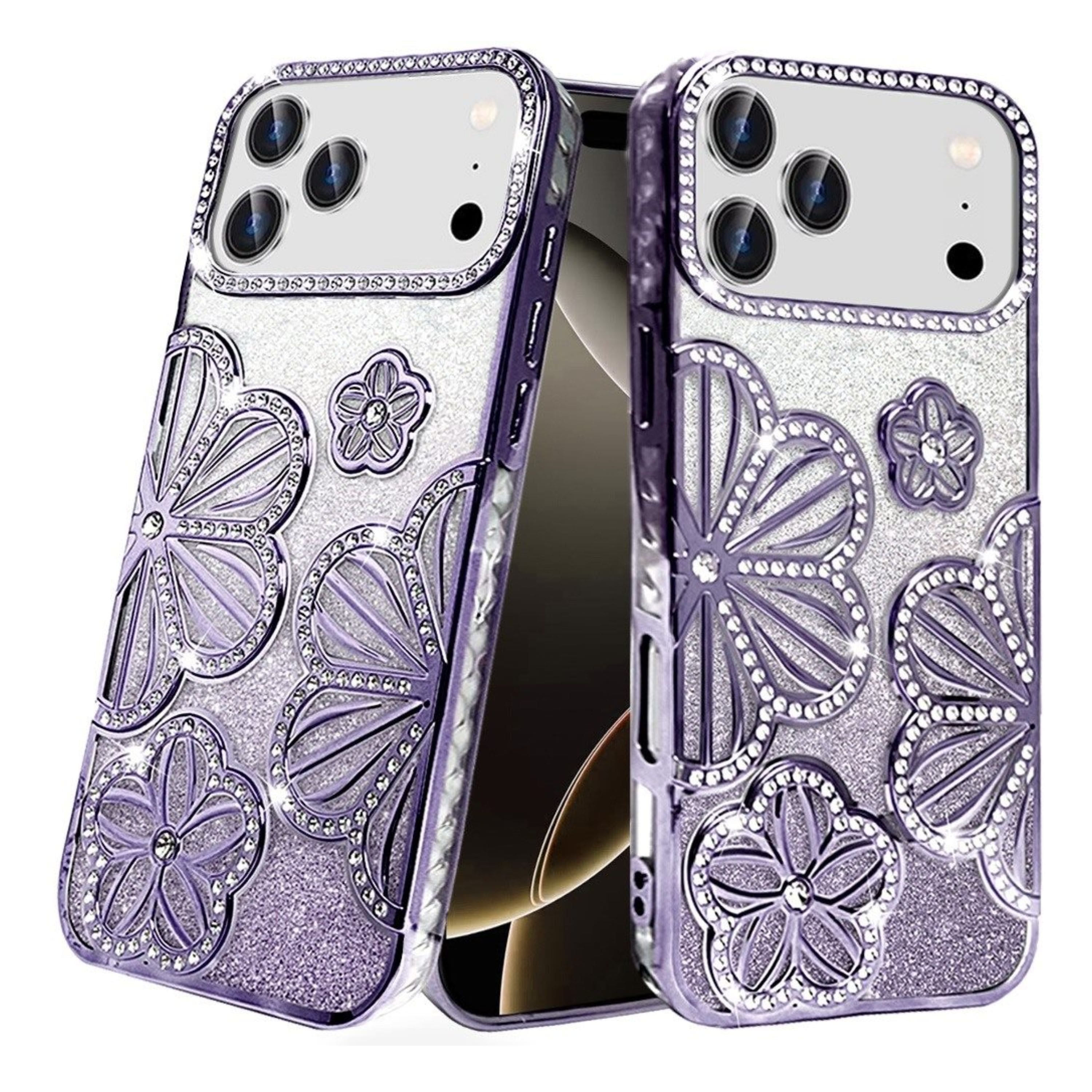 Kitcheniva - 3D Floral Glitter TPU Phone Case With Tempered Glass For iPhone 17 Pro - Purple