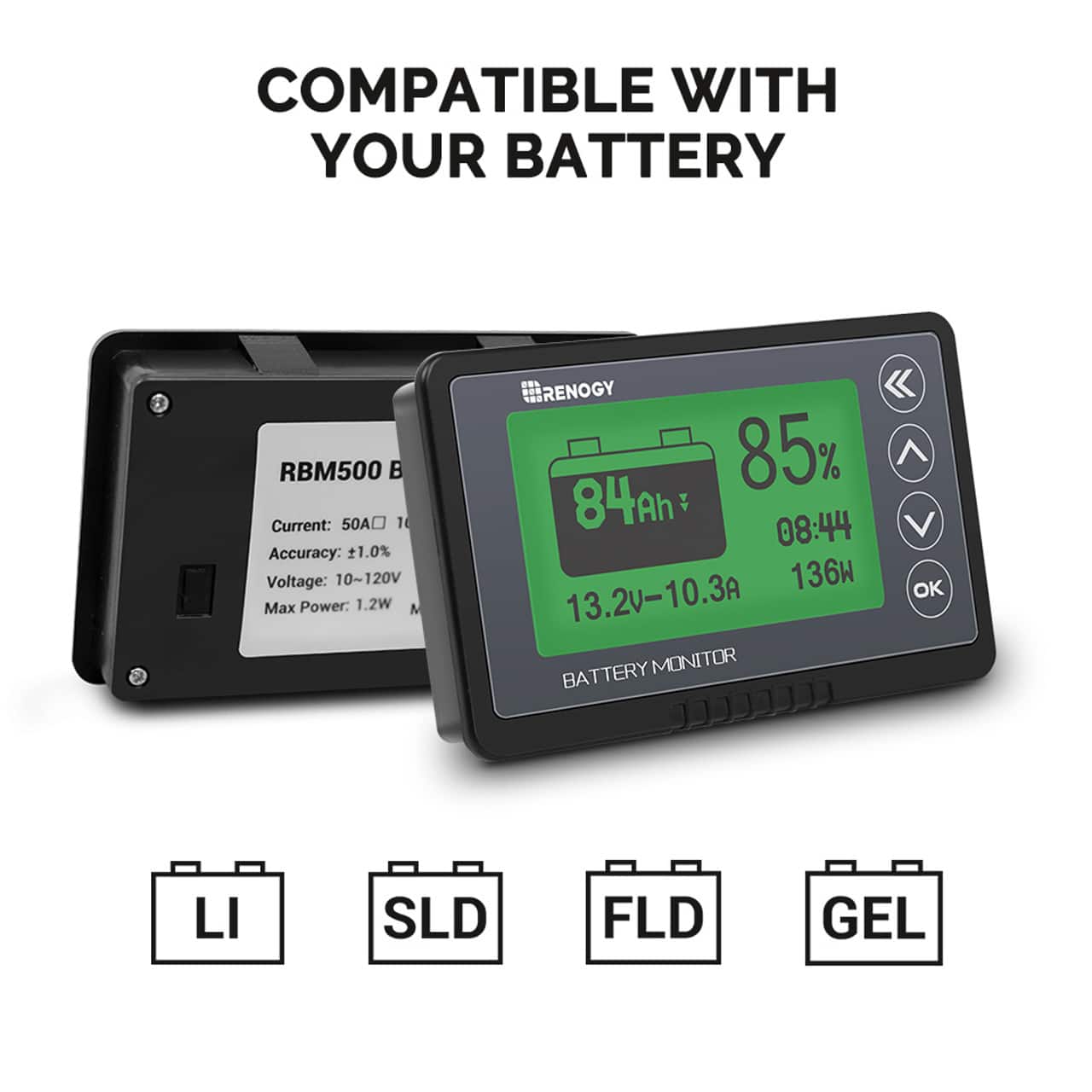 The text on the image is already grouped and correctly formatted. It reads:
COMPATIBLE WITH YOUR BATTERY RBM500 B Current: 50A 1 Accuracy: 1.0% Voltage: 10~120V Max Power. 1.2W M RENOGY 85% 84Ah 08:44 136W 13.20-10.3A BATTERY MONITOR OK LI SLD FLD GEL