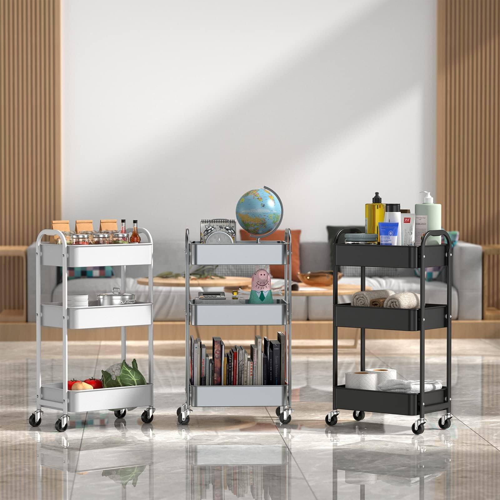 Alt View 4. JETRANSPORT - 3-tier Rolling Utility Cart With Caster Wheels Easy Assembly For Kitchen Bathroom (white) Install - Silvery-grey 3-Tier Standard Cart.