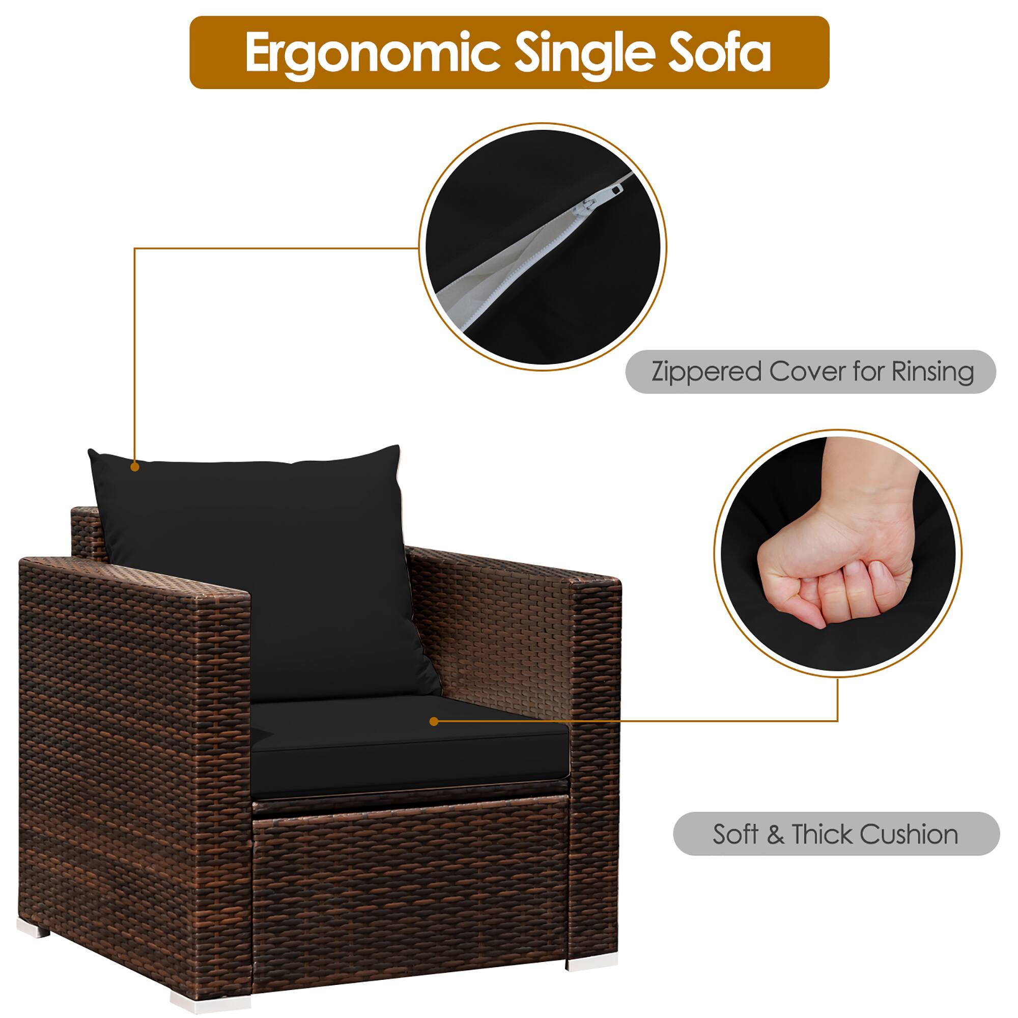 Ergonomic Single Sofa
Zippered Cover for Rinsing
Soft & Thick Cushion