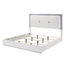 Vaczon - LED Queen Bed Frame with Rhinestone Trim, High-Gloss Finish, Stylish Chrome Accents, and Beveled Mirror Headboard - White
