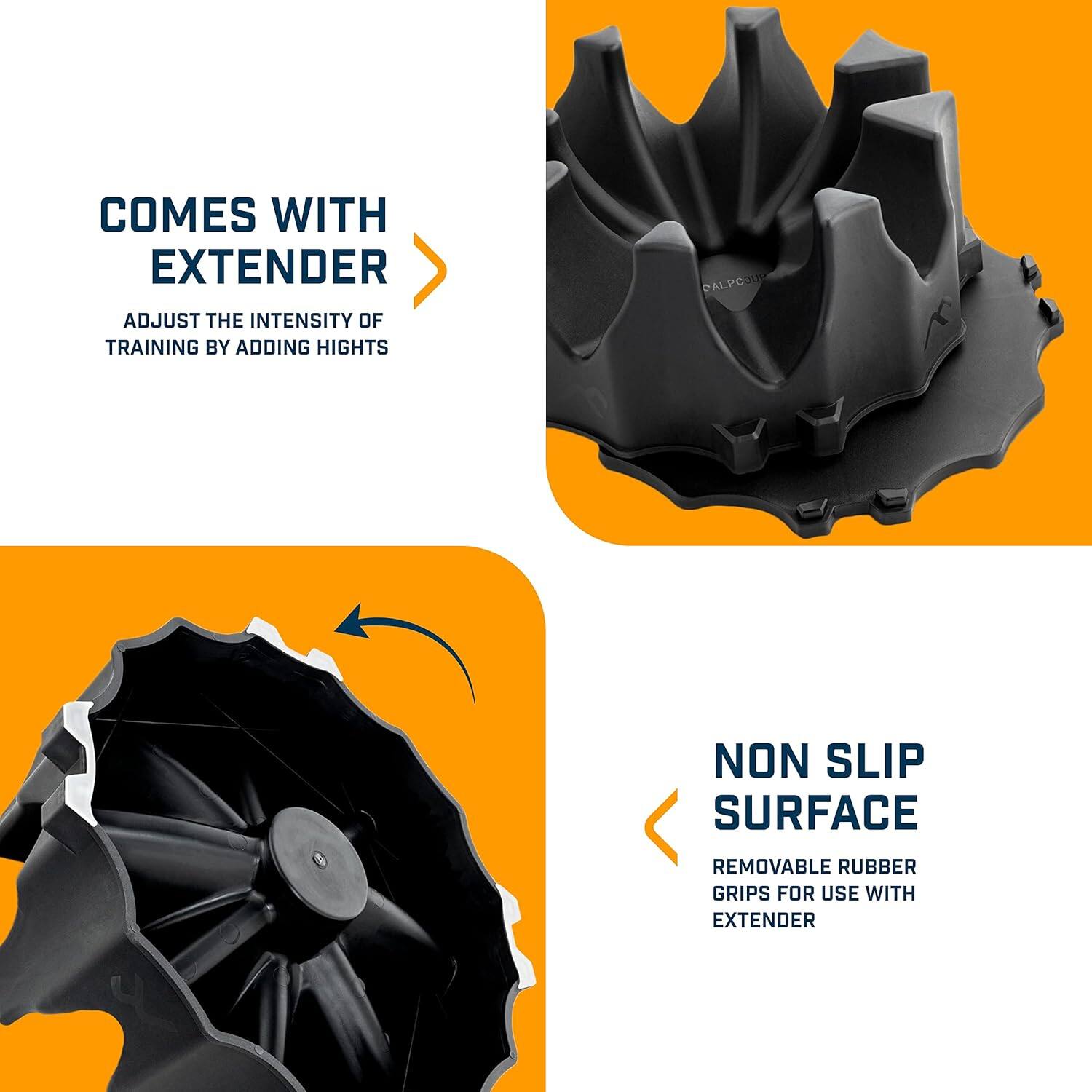 The corrected text is:

"Comes with extender. Adjust the intensity of training by adding heights. Durable non-slip surface. Removable rubber grips for use with extender."