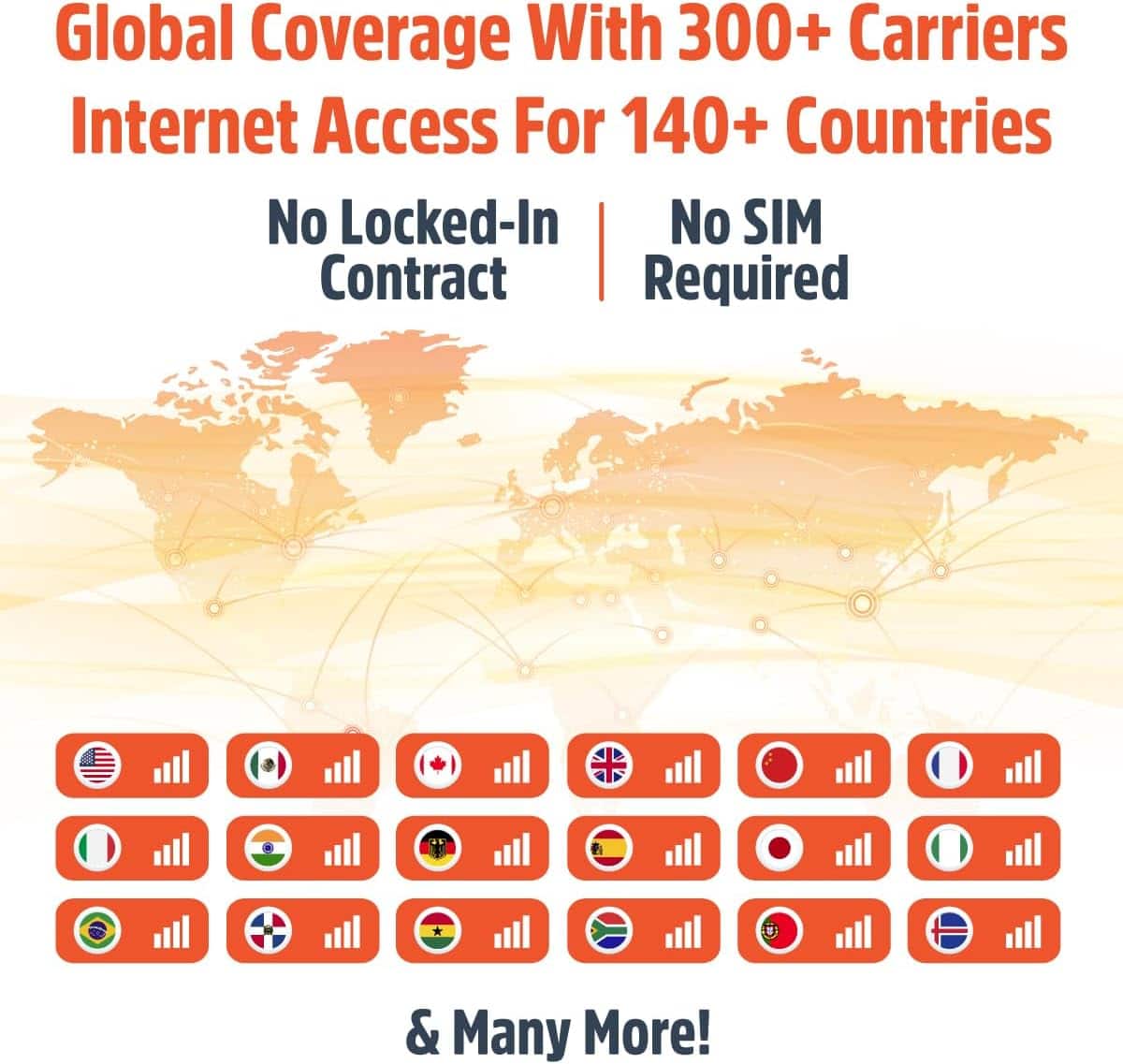 Global Coverage With 300+ Carriers
Internet Access For 140+ Countries
No Locked-In Contract
No SIM Required
& Many More!