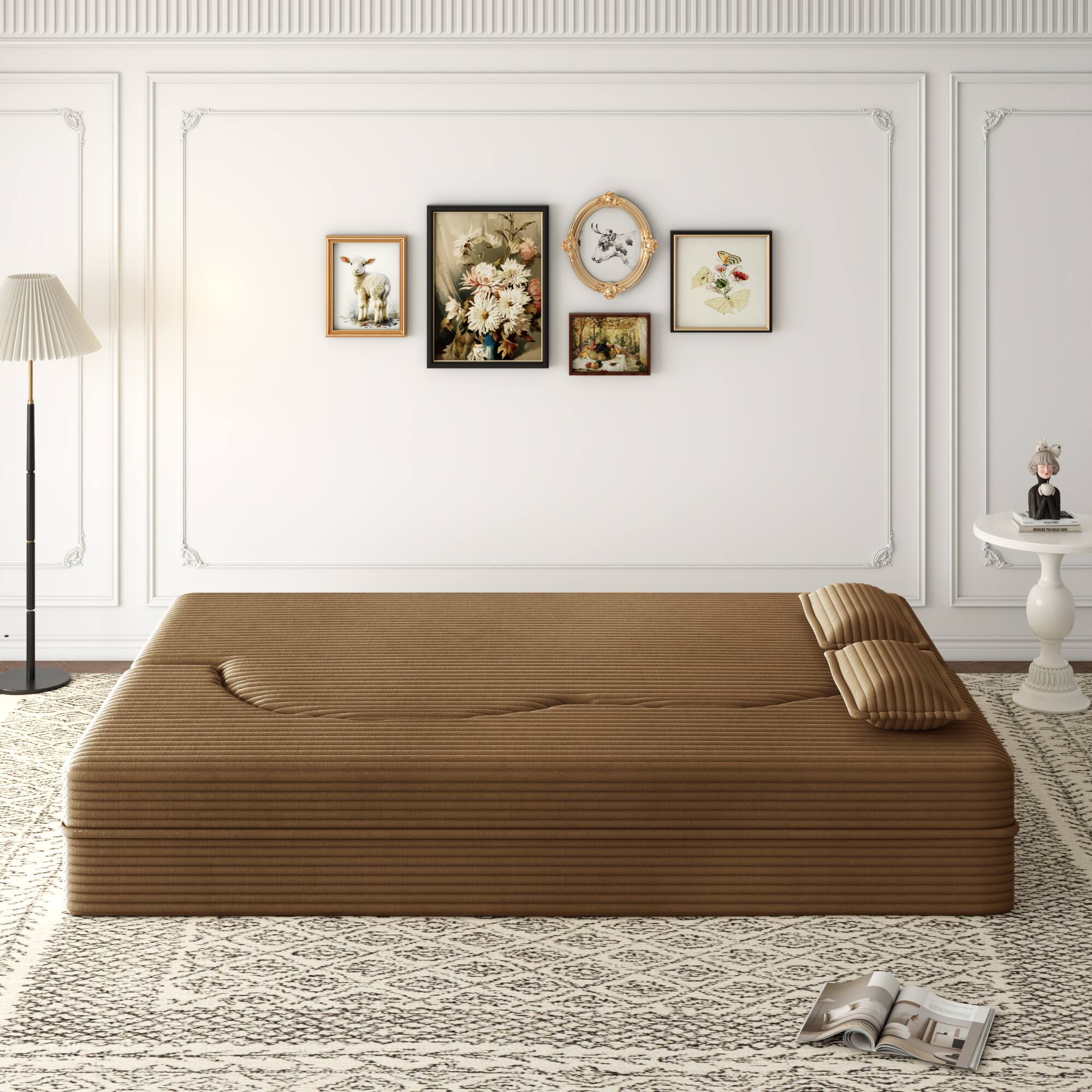 Left. GOODSILO - Convertible Plush Corduroy Floor Sleeper Sofa with Dual Pillows for Living Room and Guest Use - Camel.