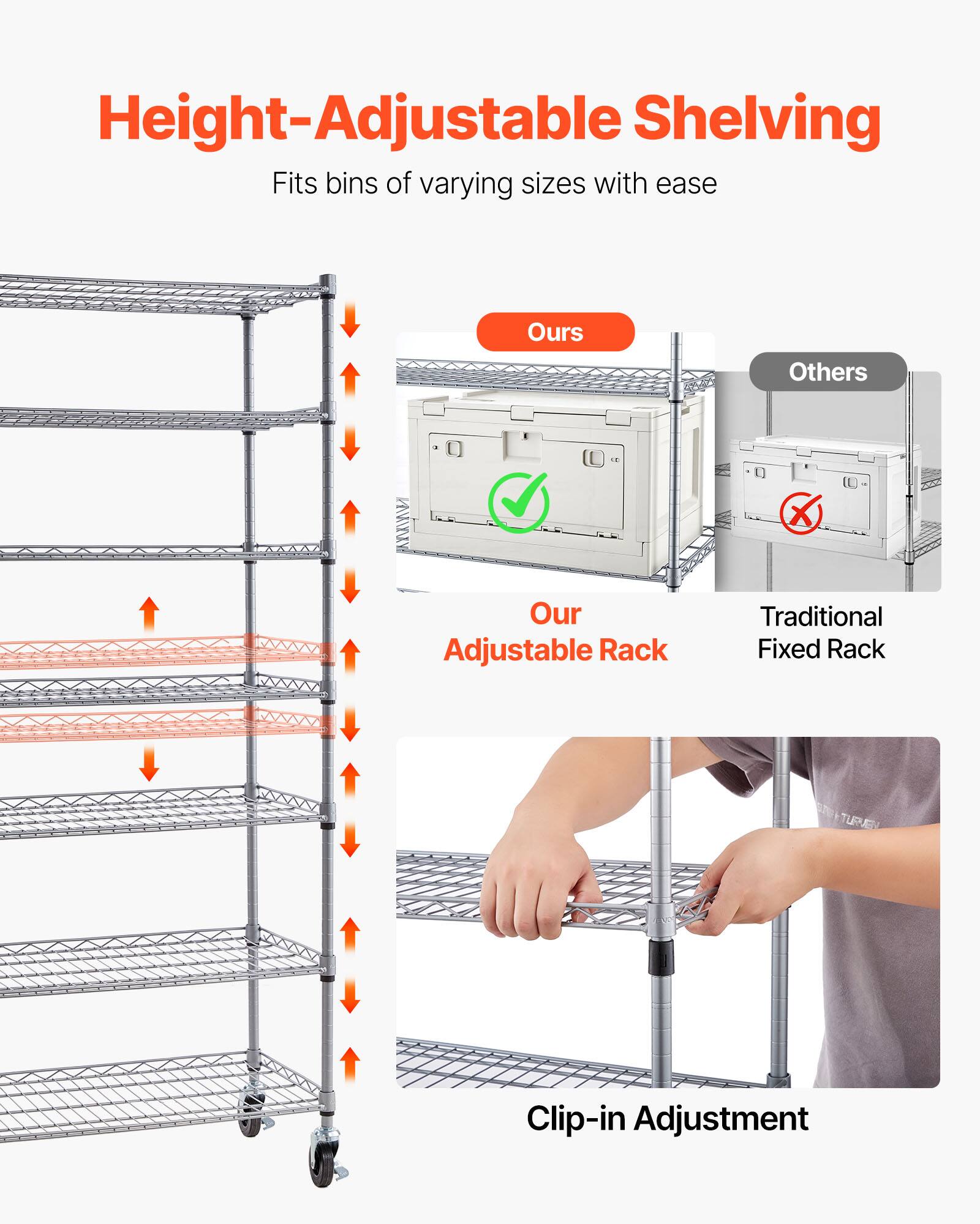 Height-Adjustable Shelving  
Fits bins of varying sizes with ease  

Ours  
Our Adjustable Rack  

Others  
Traditional Fixed Rack  

Clip-in Adjustment