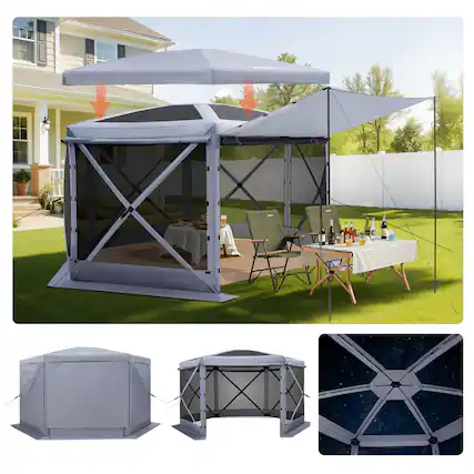 Front. VEVOR - Pop up Gazebo Screen Tent, 12 x 12 ft Large 6-Sided Camping Canopy Tent with Removable Top & Carry Bag - Gray.