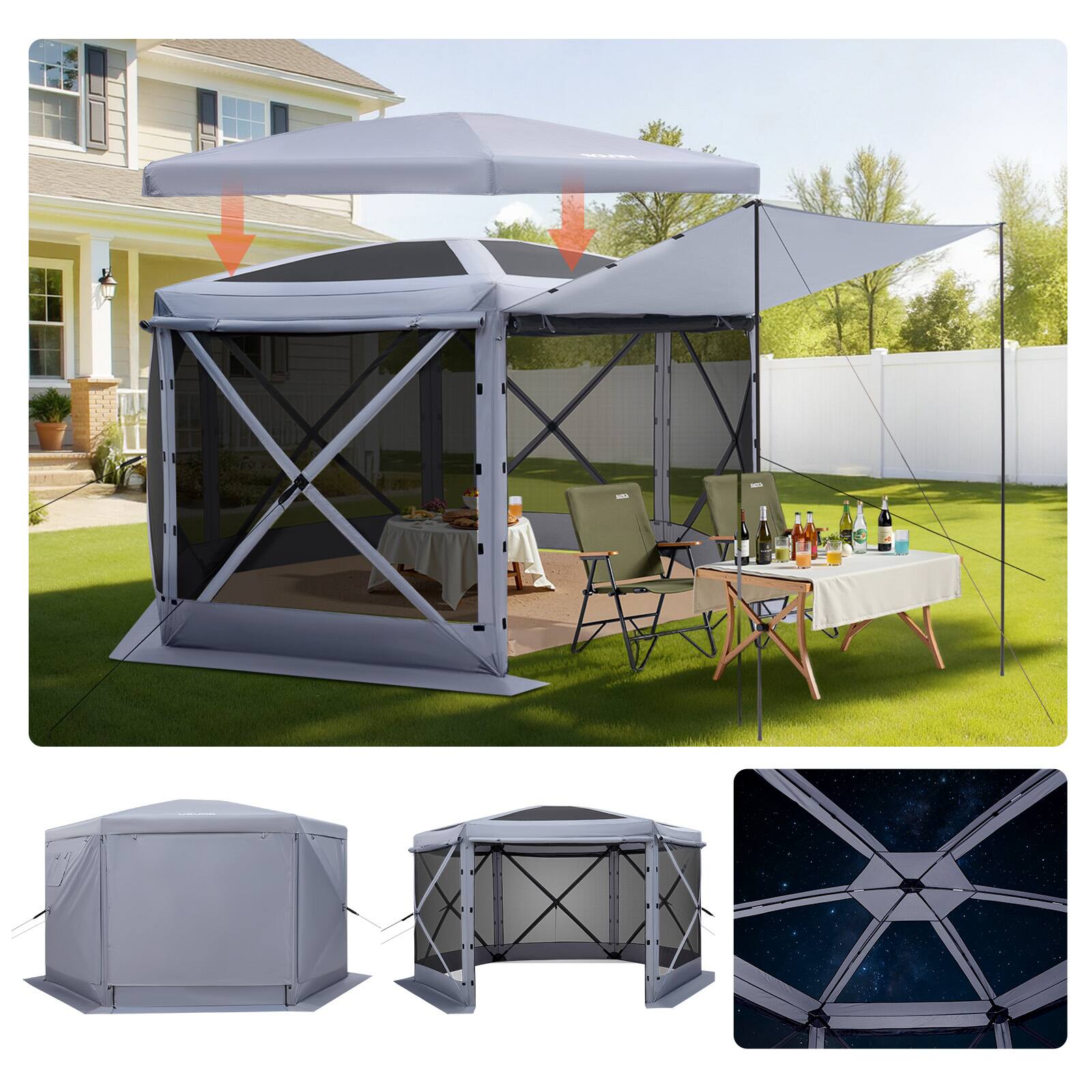 VEVOR - Pop up Gazebo Screen Tent, 12 x 12 ft Large 6-Sided Camping Canopy Tent with Removable Top & Carry Bag - Gray
