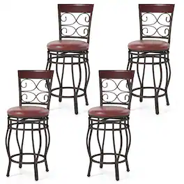 Costway - 26" Swivel Bar Stools Set of 4 with Upholstered Seat Scroll Backrest Footrest Brown - Brown 26"