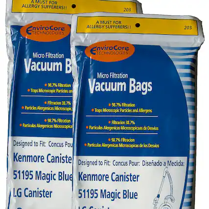 A MUST FOR ALLERGY SUFFERERS!!
203 EnviroCore TECHNOLOGIES
Micro Filtration Vacuum Bags
98.7% Filtration
Traps Microscopic Particles and Allergens
Filtracion 38.7%
Particulas Alergenicas Microscopicas
Designed to Fit:
Kenmore Canister
51195 Magic Blue
LG Canister
Concus Pour:
Diseñado a Medida:
