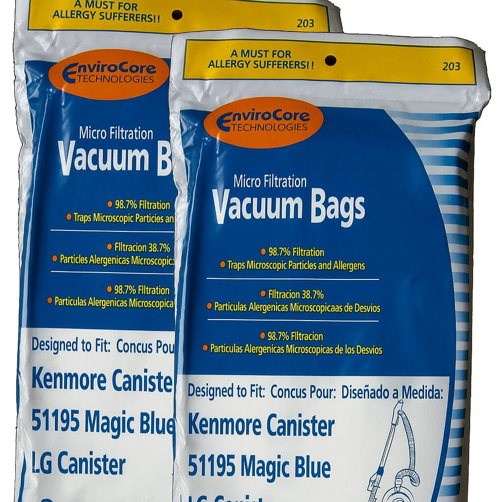 A MUST FOR ALLERGY SUFFERERS!!  
203 EnviroCore TECHNOLOGIES  

Micro Filtration Vacuum Bags  
98.7% Filtration  
Traps Microscopic Particles and Allergens  

Filtracion 38.7%  
Particulas Alergenicas Microscopicas  

Designed to Fit:  
Kenmore Canister  
51195 Magic Blue  
LG Canister  

Concus Pour:  
Diseñado a Medida: