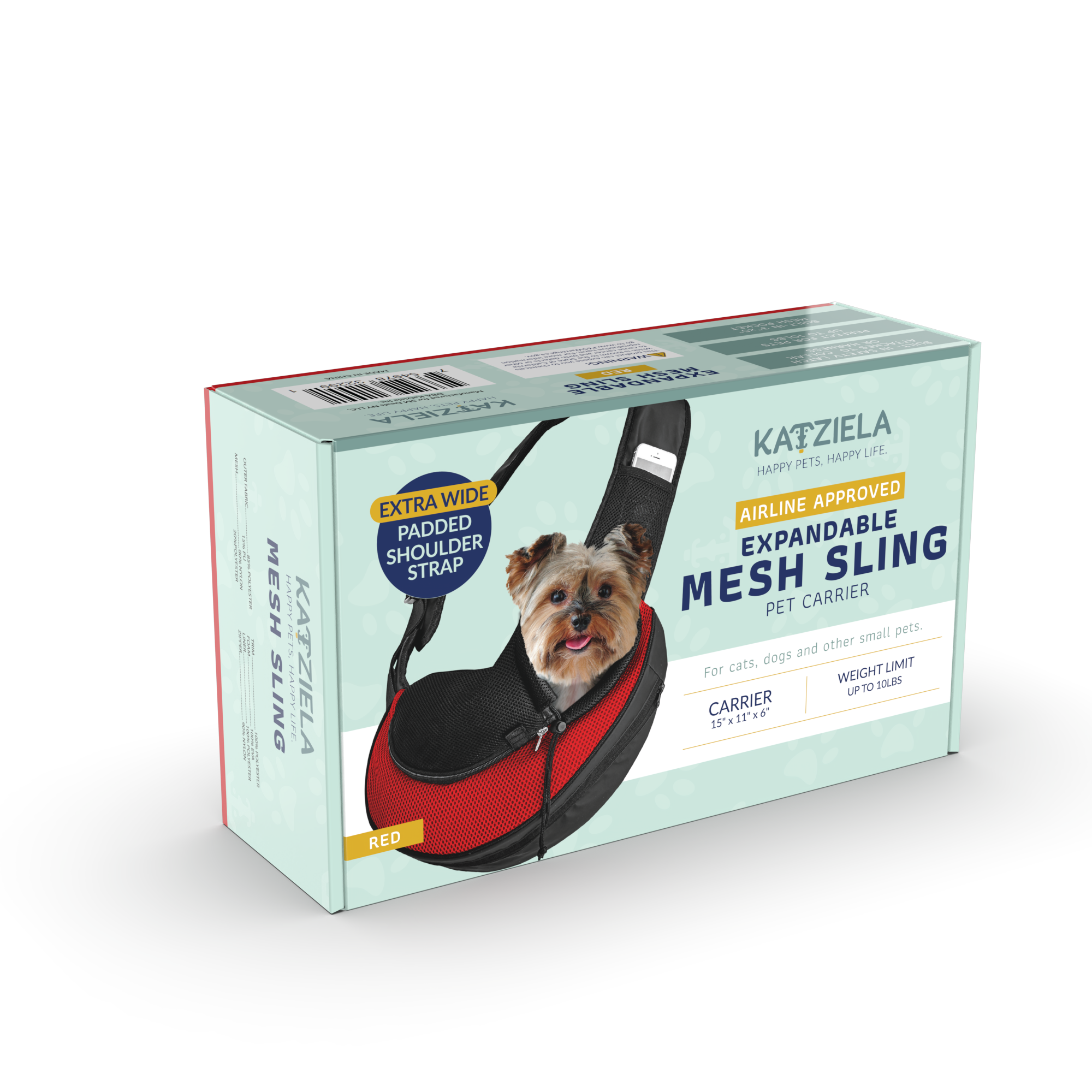 KATZIELA  
HAPPY PETS. HAPPY LIFE.  

EXTRA WIDE AIRLINE APPROVED PADDED EXPANDABLE MESH SLING PET CARRIER  

For cats, dogs and other small pets.  

CARRIER  
15" x 11" x 6"  

WEIGHT LIMIT UP TO 10 LBS  

EXTRA WIDE PADDED SHOULDER STRAP  

AIRLINE APPROVED EXPANDABLE MESH SLING  

RED