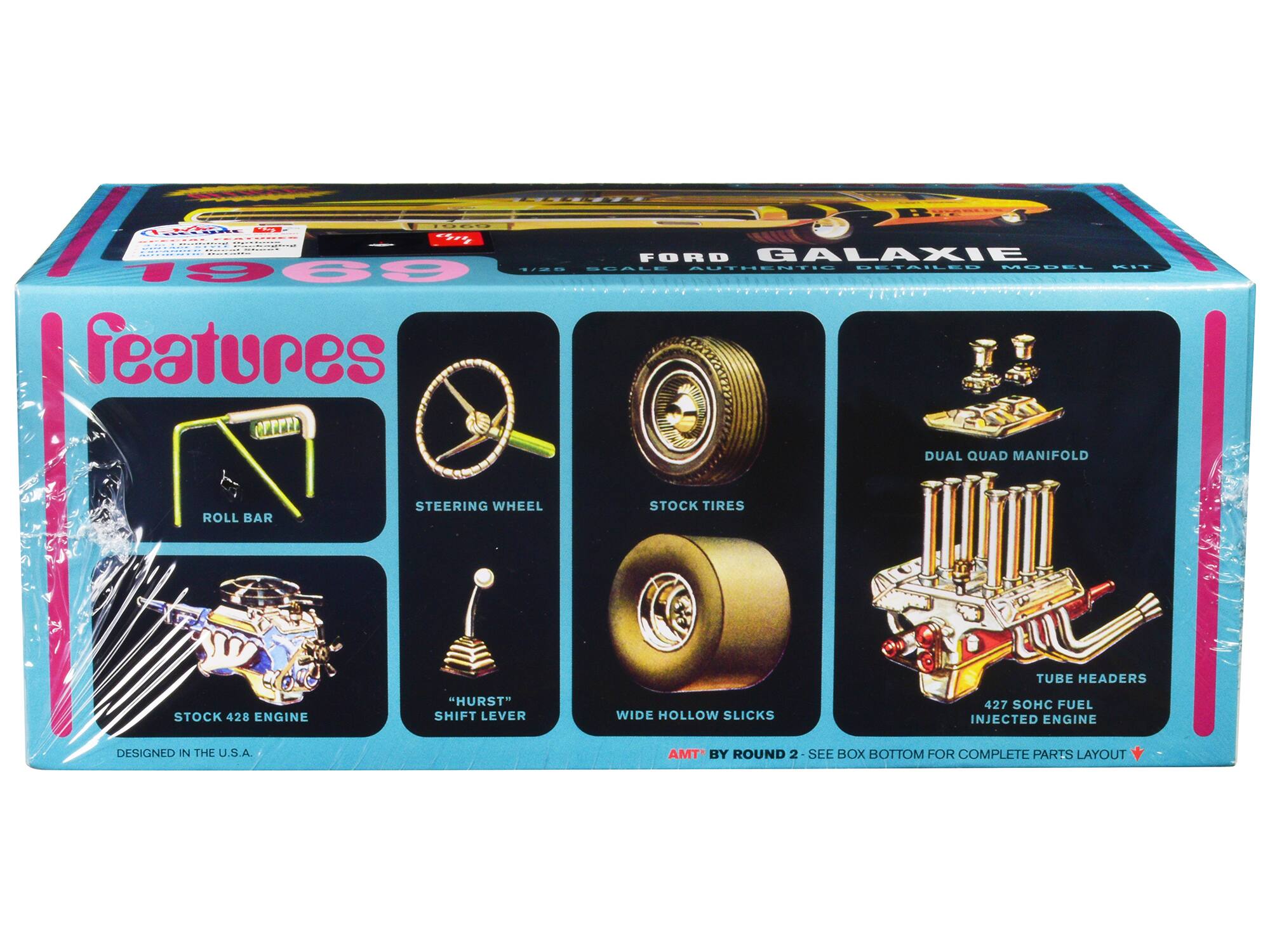 Sure, here is the corrected and grouped text from the image:

---

**1969 FORD GALAXIE**

**features**

- ROLL BAR
- STEERING WHEEL
- STOCK TIRES
- DUAL QUAD MANIFOLD
- TUBE HEADERS
- STOCK 428 ENGINE
- "HURST" SHIFT LEVER
- WIDE HOLLOW SLICKS
- 427 SOHC FUEL INJECTED ENGINE

**DESIGNED IN THE U.S.A.**

**AMT BY ROUND 2 - SEE BOX BOTTOM FOR COMPLETE PARTS LAYOUT**

---