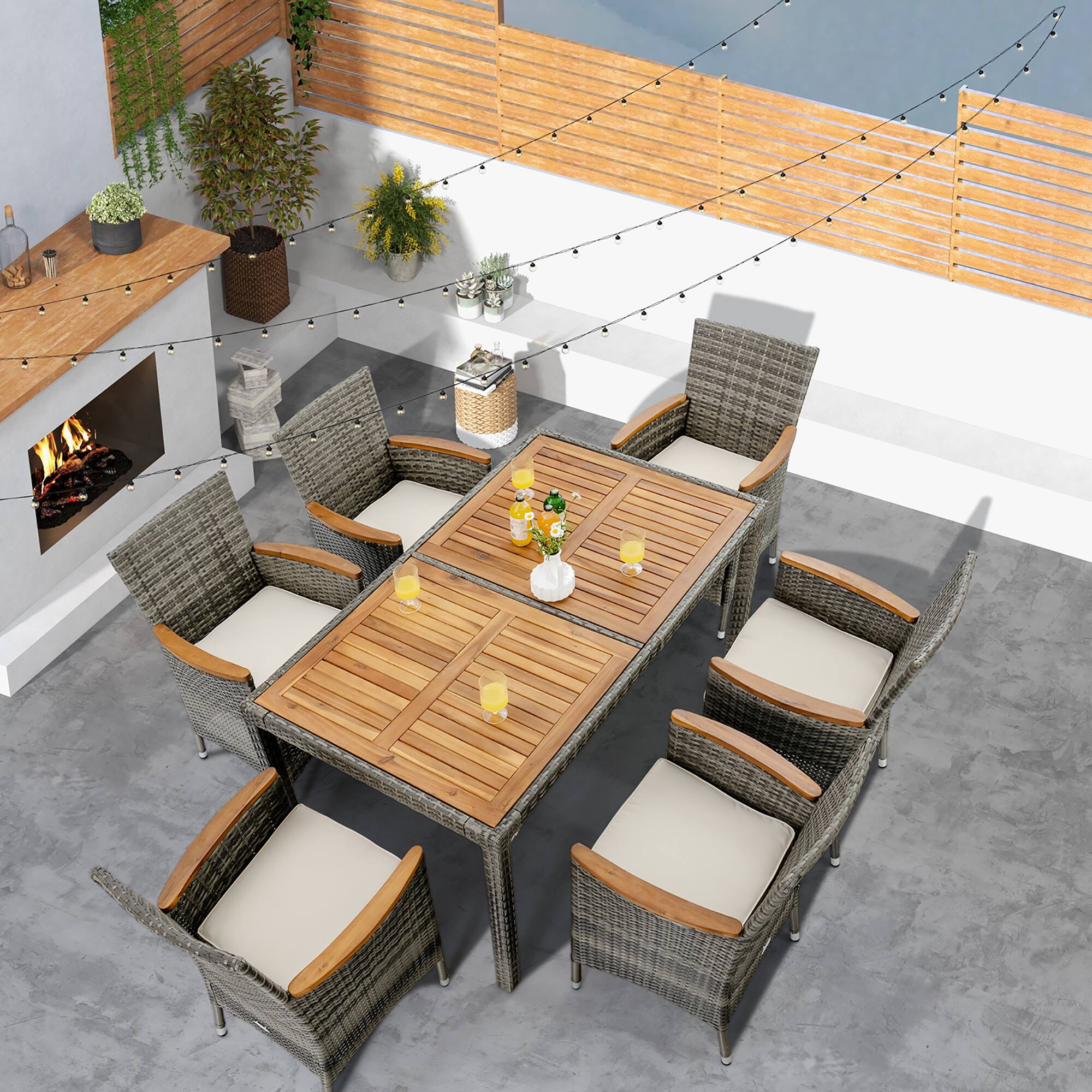 Alt View 9. Gymax - Gymax 7PCS Outdoor Dining Set Patio Acacia Wood and Rattan Furniture Set w/ Cushions - Gray, Natural.