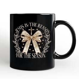 OrnamentallyYou - Jesus Is the Reason Christmas Mug, Coquette Gold Bow Cross Gift - Black