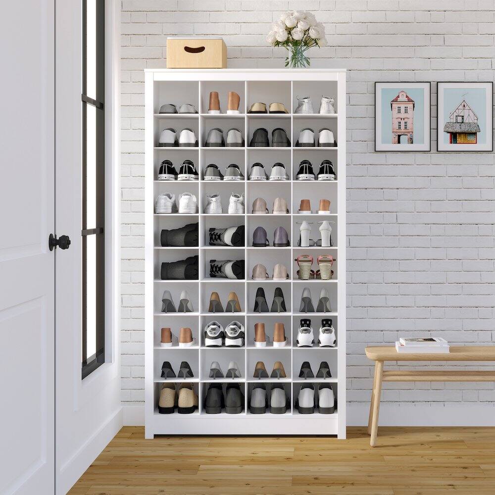 Left. Prepac - Tall Storage Cabinet White Engineered Wood Shoe Cabinet with 40 Cubbies - White.