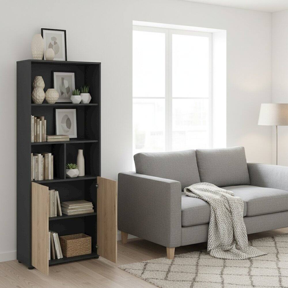 Angle. FurniFact - 6-Shelf Bookshelf with 2 Doors for Office, Bedroom, or Living Room - Gray.