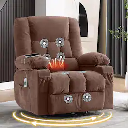 Anysun - Massage Swivel Rocker Recliner with Heat - Ergonomic Lounge Chair, Side Pocket, 2 Cup Holders & USB Port - Brown