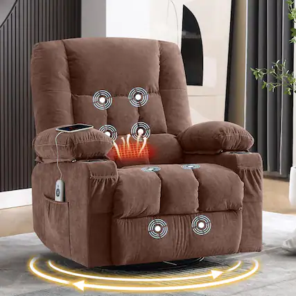 Front. Anysun - Massage Swivel Rocker Recliner with Heat - Ergonomic Lounge Chair, Side Pocket, 2 Cup Holders & USB Port - Brown.