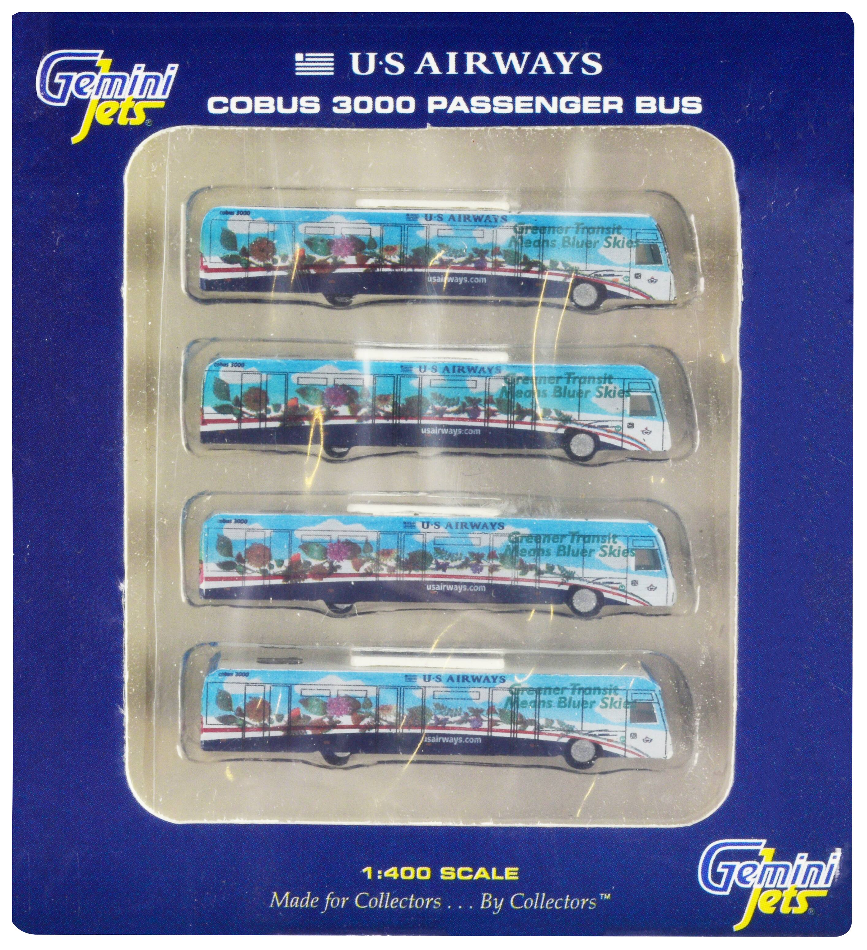 U.S. AIRWAYS  
COBUS 3000 PASSENGER BUS  

1:400 SCALE  
Made for Collectors... By Collectors™  

U.S. AIRWAYS  
Greener Transit Means Bluer Skies  
usairways.com  

U.S. AIRWAYS  
Greener Transit Means Bluer Skies  
usairways.com  

U.S. AIRWAYS  
Greener Transit Means Bluer Skies  
usairways.com  

U.S. AIRWAYS  
Greener Transit Means Bluer Skies  
usairways.com  

Gemini Jets