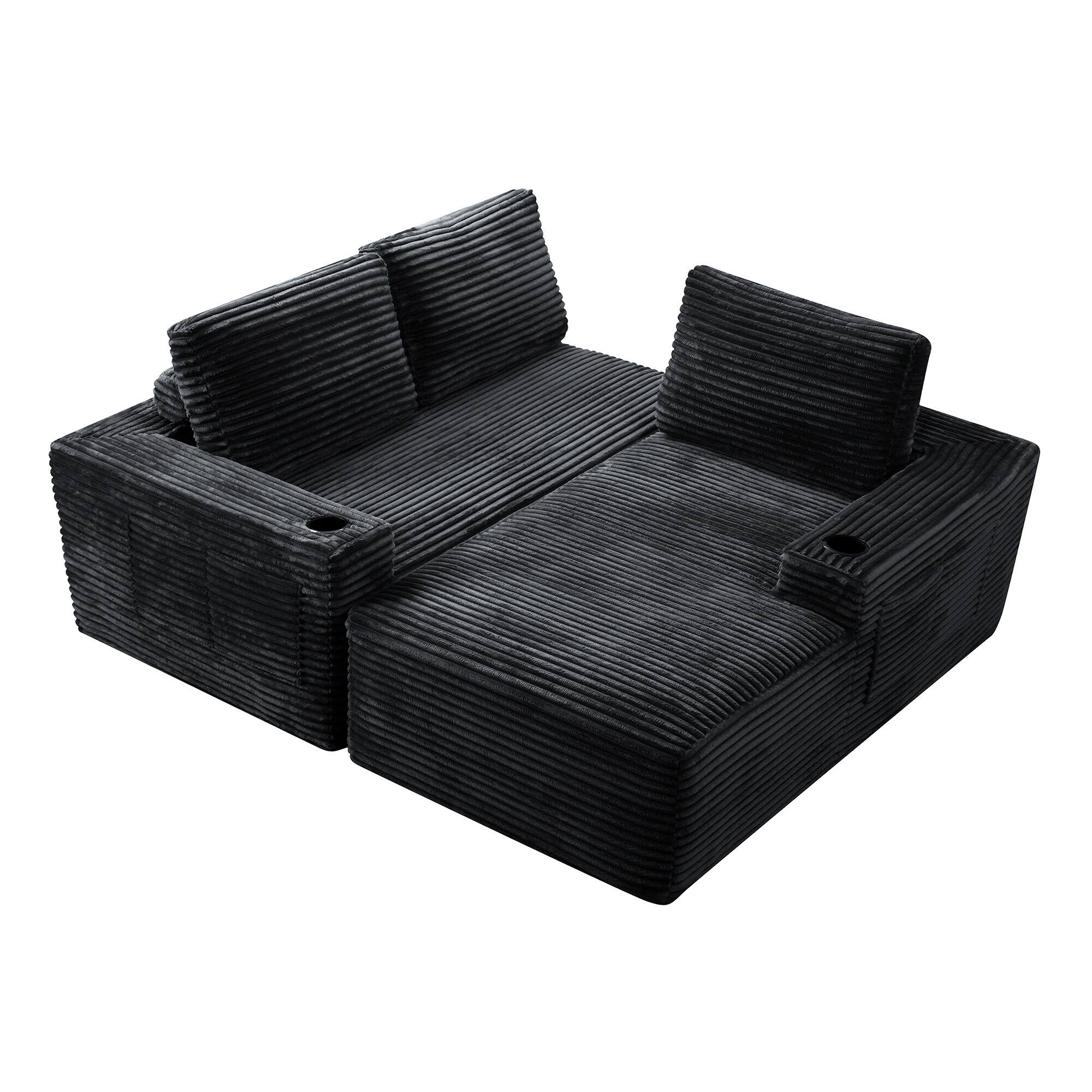 Alt View 2. Boyel Living - 104.3-Inch Corduroy Modular L-Shaped Cloud Sectional Sofa with Chaise - Black.