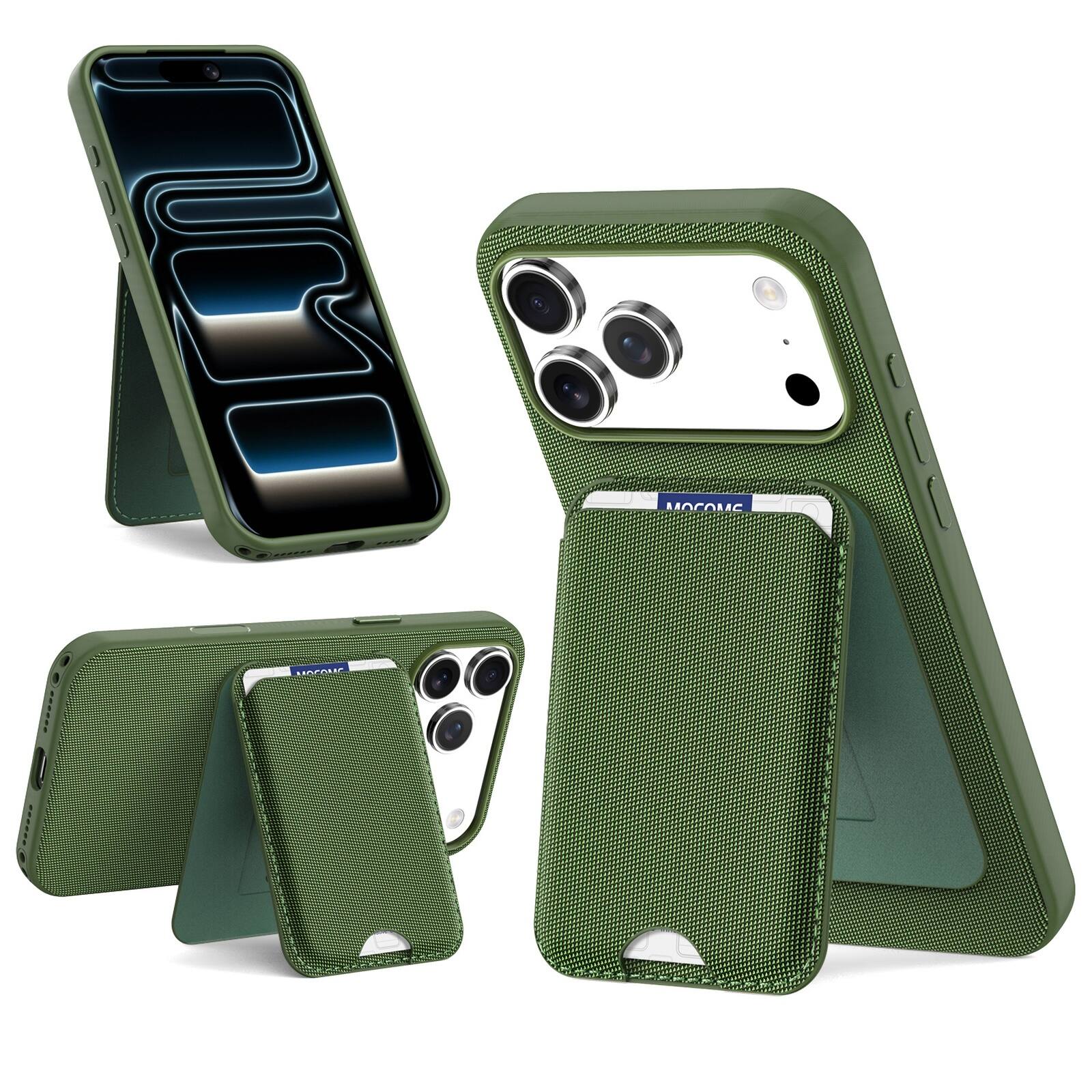 Angle. Dteck - 2-in-1 Magnetic Case for Apple iPhone 17 Pro with Detachable Stand Wallet, Slim Shockproof Fabric Texture Phone Cover - Green.