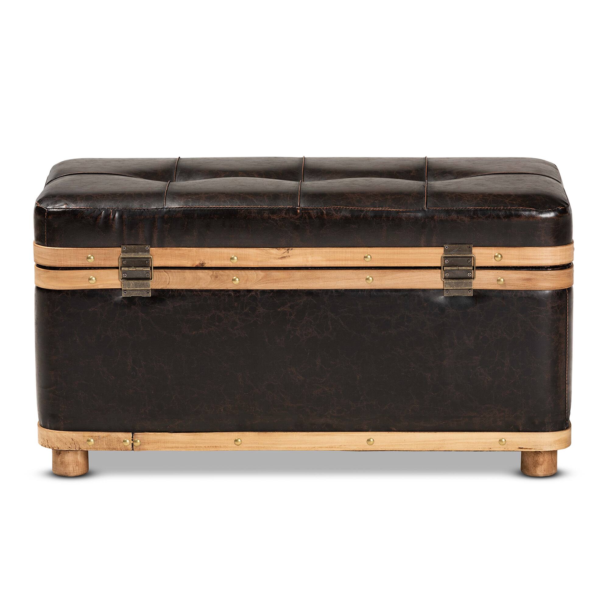 Alt View 1. Baxton Studio - Gendry Modern Rustic Transitional Faux Leather Upholstered and Oak Brown Finished Wood Large Storage Ottoman - Dark Brown/Oak Brown.