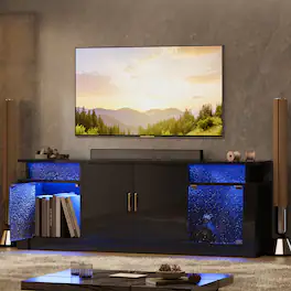 Bestier - Modern 55-70" TV Stand with RGB LED, spacious storage, adjustable shelves & glossy acrylic doors for living room/bedroom - Black