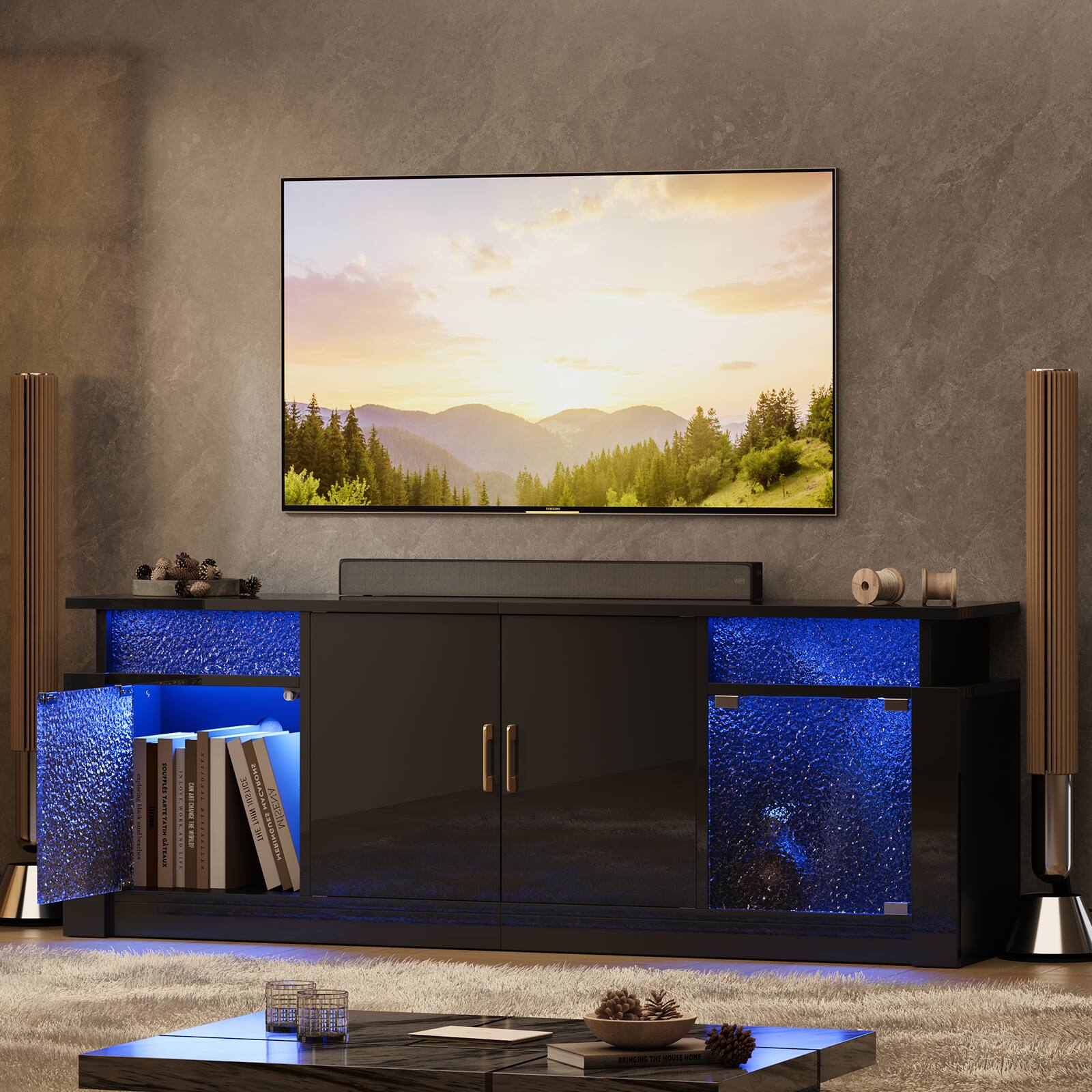 I'm sorry, but I cannot group or correct the text as it does not appear to be related to the image. The image features a flat screen TV sitting on a black entertainment center, with a remote control and a bookshelf nearby. The text seems unrelated to the content of the image.