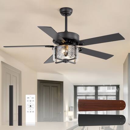 Front. Breezary - 52-Inch Large Ceiling Fan with Light Fixture, 5 Dual-Finish Plywood Blades, DC Motor, Remote Control, 5/10-Inch Downrods - Matte Black with Rich Walnut.