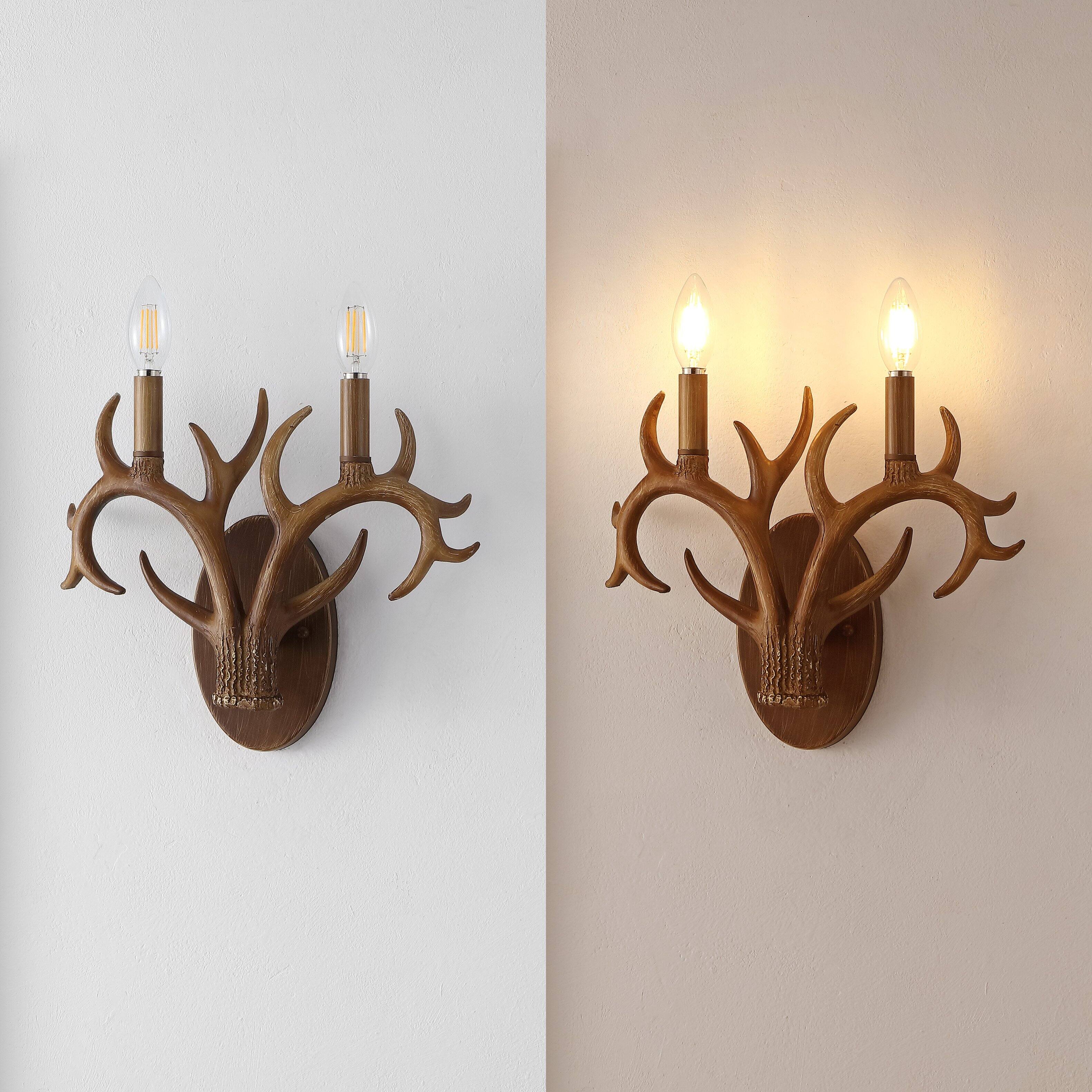 Alt View 4. Jonathan Y - Cody 13.25" 2-Light Southwestern Bohemian Resin/Iron Faux Antler LED Vanity Light, Brown Wood Finish - Brown Wood Finish.