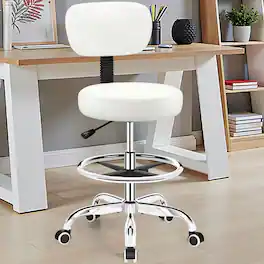KERDOM - Drafting Chair with Backrest, Adjustable Footrest Rolling Stool PU Leather for Office Studio Lab Counter Salon Bar Shop - White