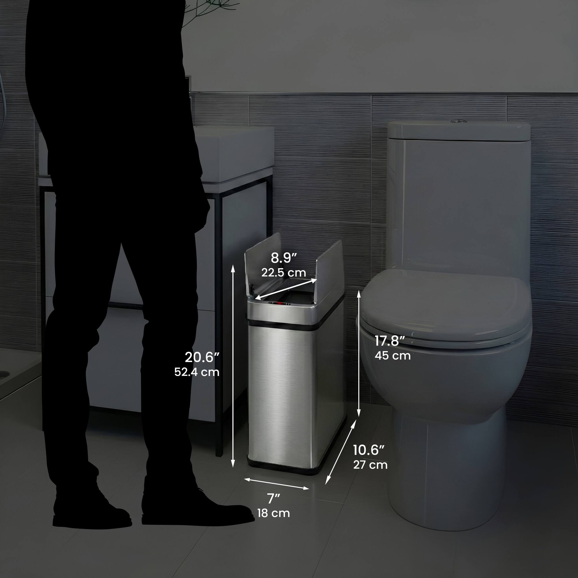 8.9" 22.5 cm  
20.6" 52.4 cm  
17.8" 45 cm  
10.6" 27 cm  
7" 18 cm