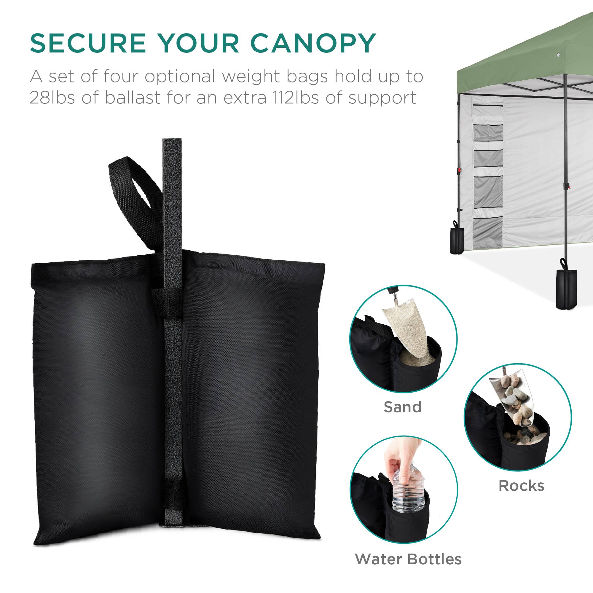 SECURE YOUR CANOPY

A set of four optional weight bags hold up to 28lbs of ballast for an extra 112lbs of support

Sand  
Rocks  
Water Bottles