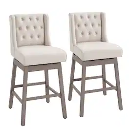 Homcom - Bar Stools Set of 2, 180 Degree Swivel Barstools with Solid Wood Footrests and Button Tufted Design - Beige