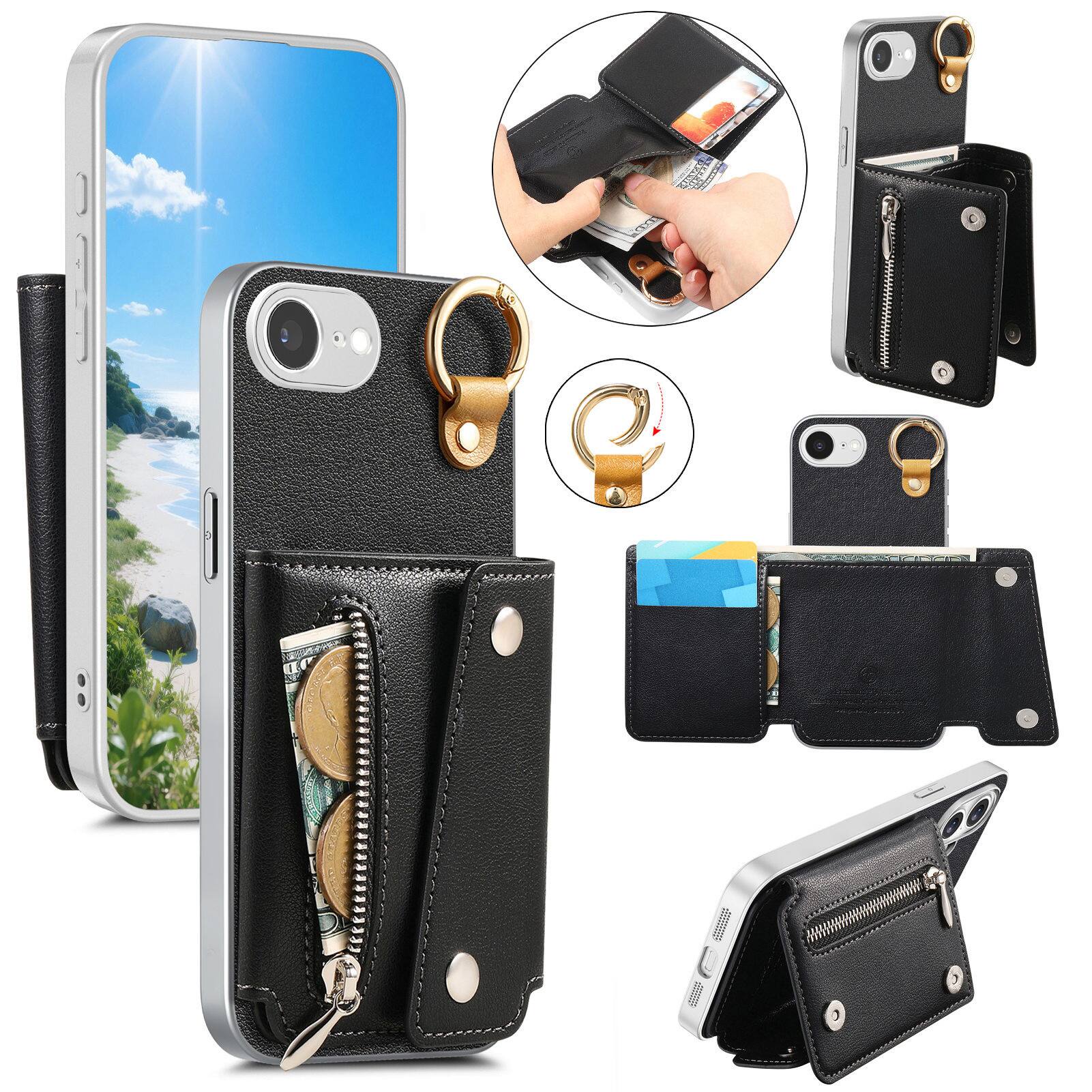 Front. Dteck - PU Leather Zipper Wallet Phone Case for Apple iPhone 17e with Ring Buckle, Shockproof Kickstand Protective Cover - Black.