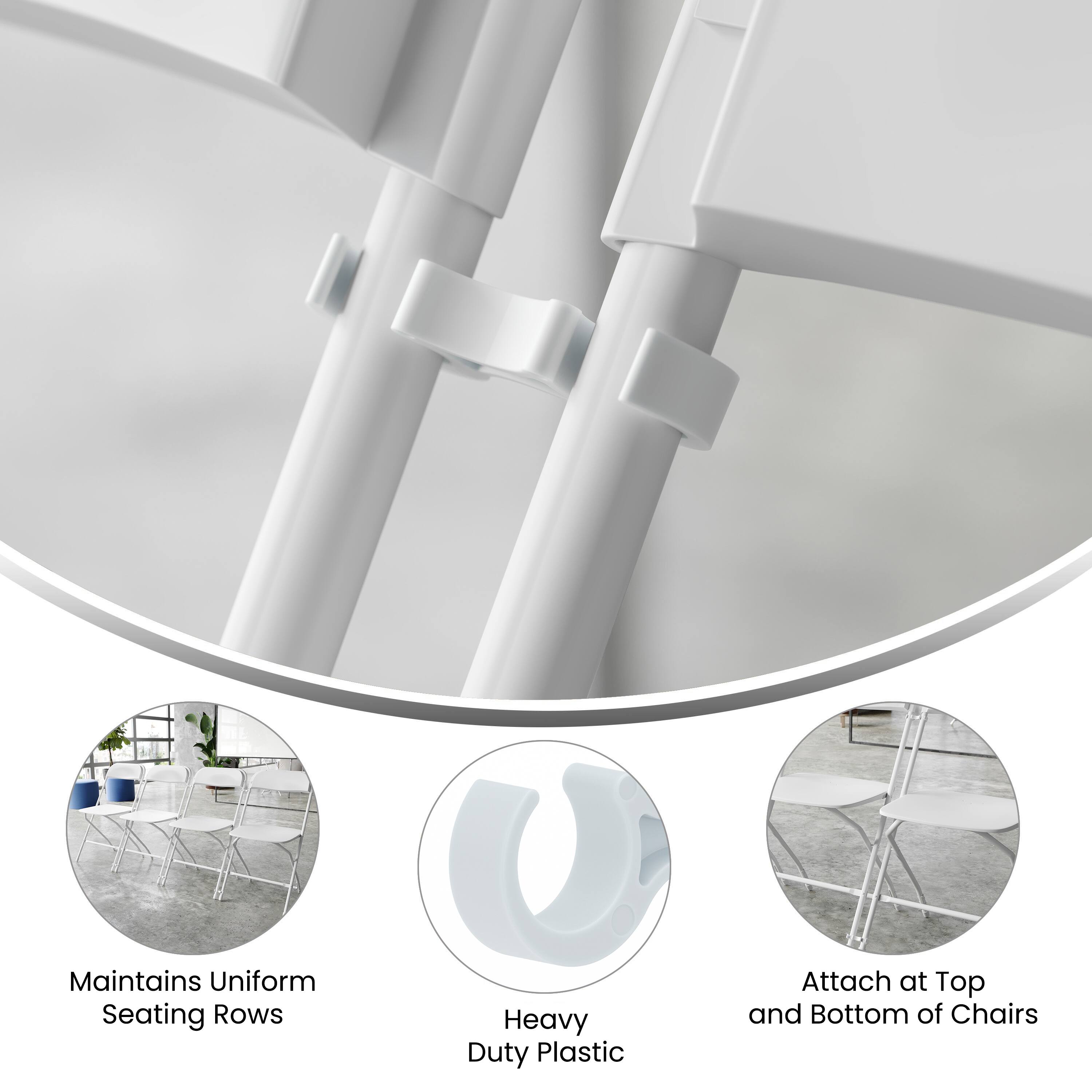 Maintains Uniform Seating Rows  
Heavy Duty Plastic  
Attach at Top and Bottom of Chairs