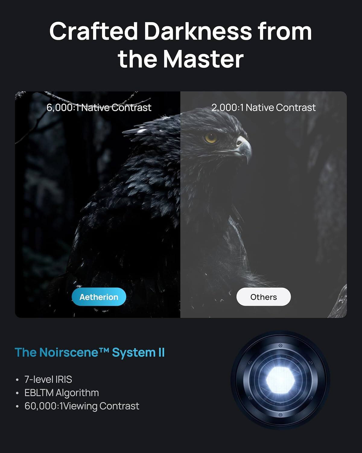 Crafted Darkness from the Master

6,000:1 Native Contrast

2,000:1 Native Contrast

Aetherion

Others

The Noirsene™ System II

- 7-level IRIS
- EBL™ Algorithm
- 60,000:1 Viewing Contrast