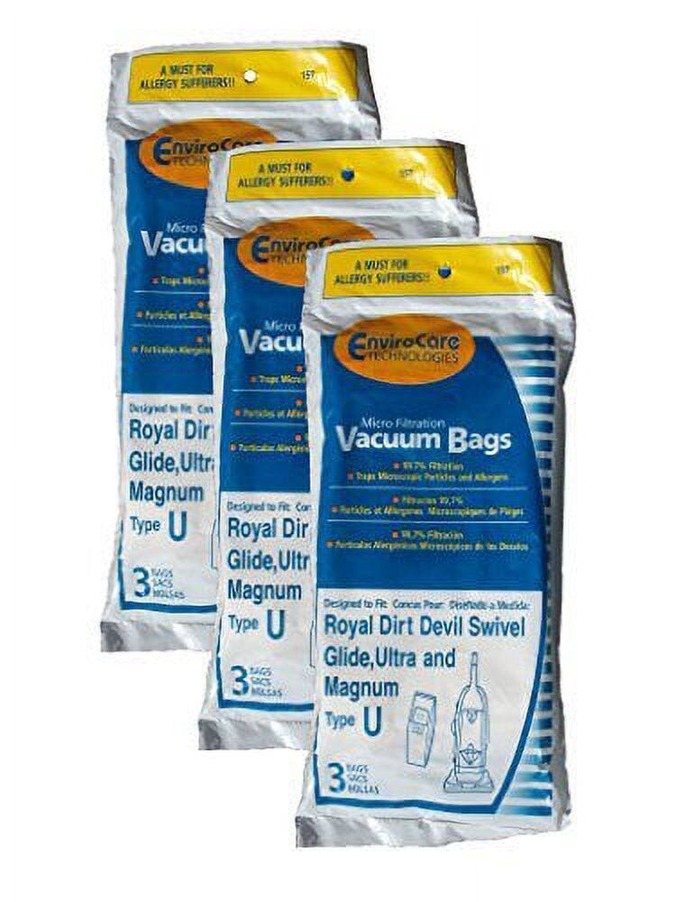 A MUST FOR ALLERGY SUFFERERS!  
157 EnviroCare TECHNOLOGIES Micro Vacuum Bags  
Designed to Fit:  
- Royal Dirt Devil Swivel Glide, Ultra  
- Magnum Type U  

3 BAGS  
12.7% Designed to Fit:  
- Royal Dirt Devil Swivel Glide, Ultra  
- Magnum Type U  

3 BAGS