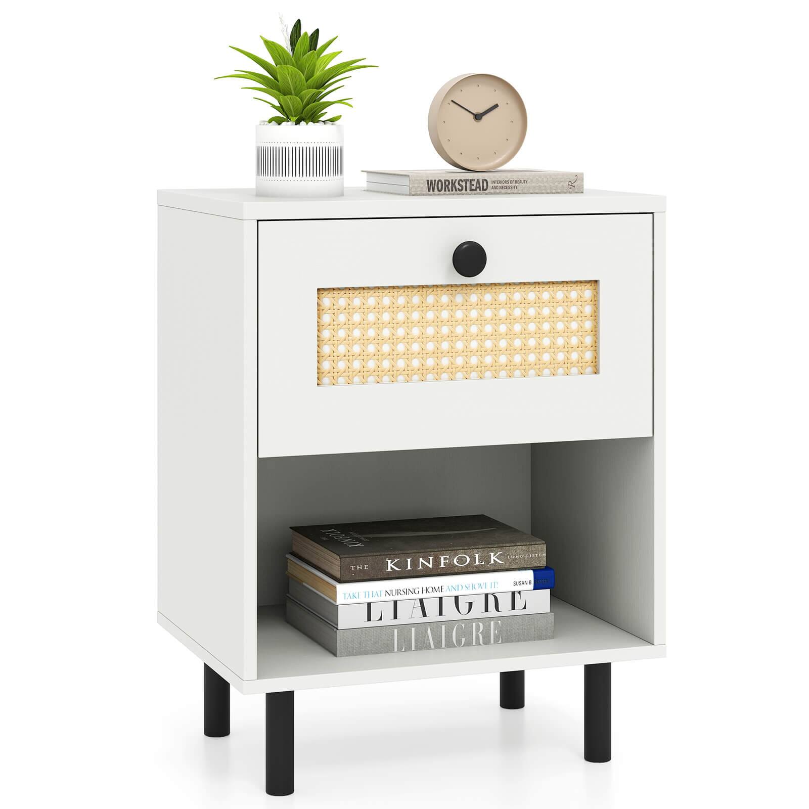 Costway - Rattan Nightstand Boho End Table with Drawer & Open Shelf for Living Room - White
