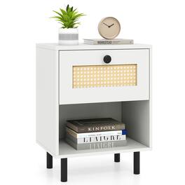 Costway - Rattan Nightstand Boho End Table with Drawer & Open Shelf for Living Room - White